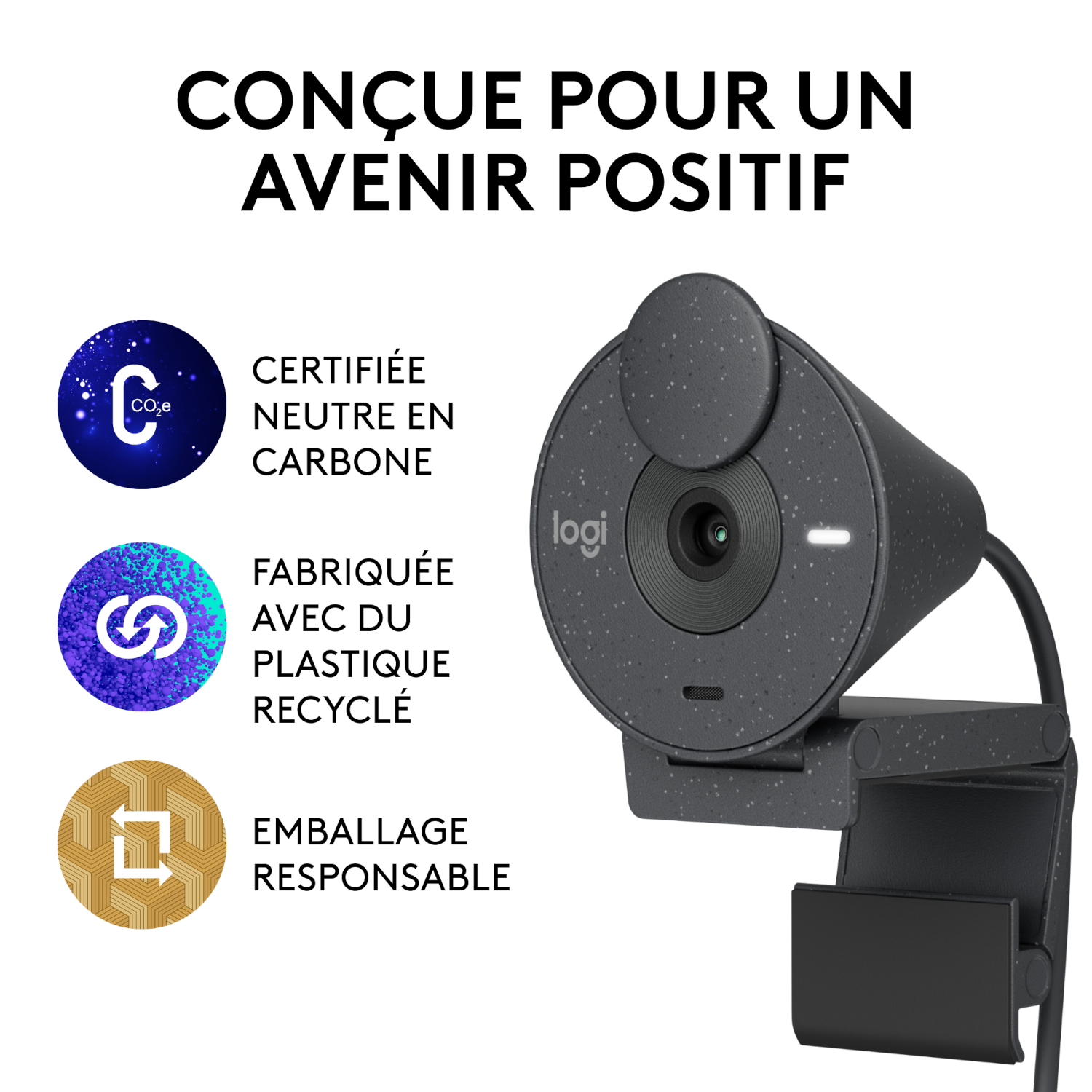 Webcam Logitech avec texte sur la conception écologique, fabriquée avec du plastique recyclé et l'emballage.