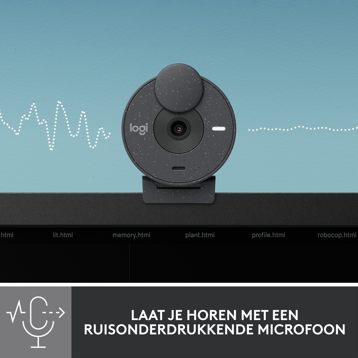 A black webcam with a microphone icon.