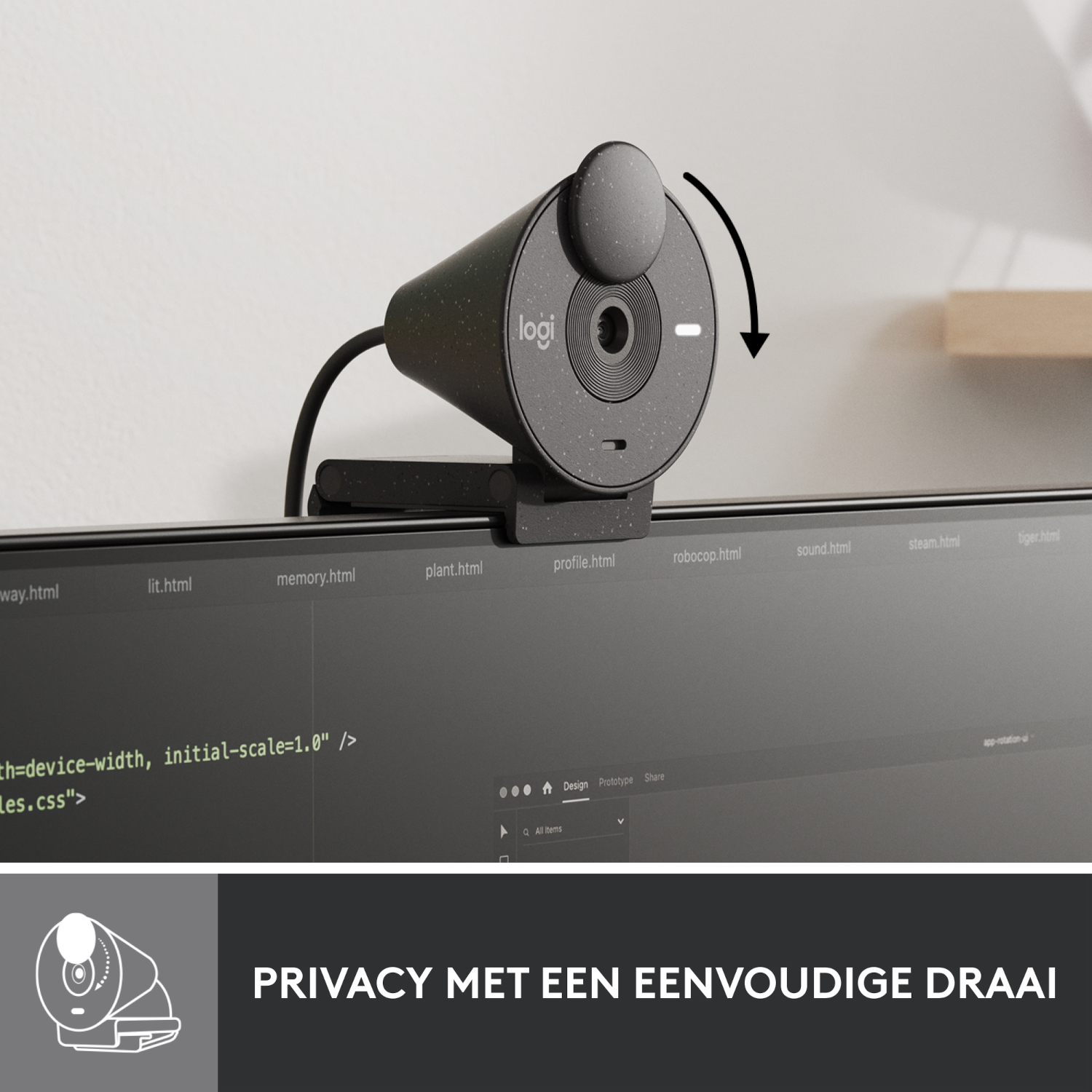Webcam mounted on a monitor, with a swivel feature and a graphic that says 'PRIVACY'.