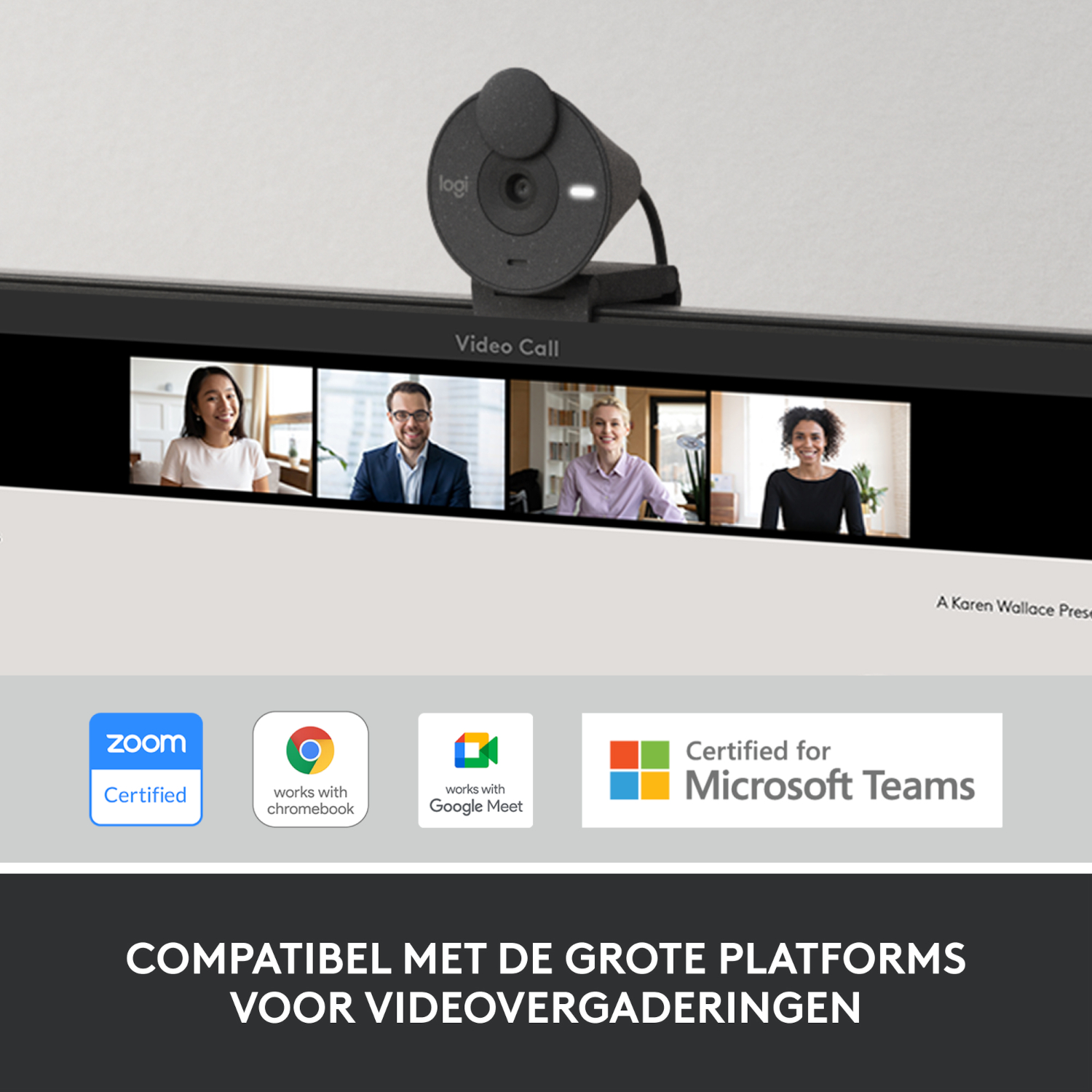Logitech webcam on top of a screen. Displays people in a video call. Certified for different platforms.
