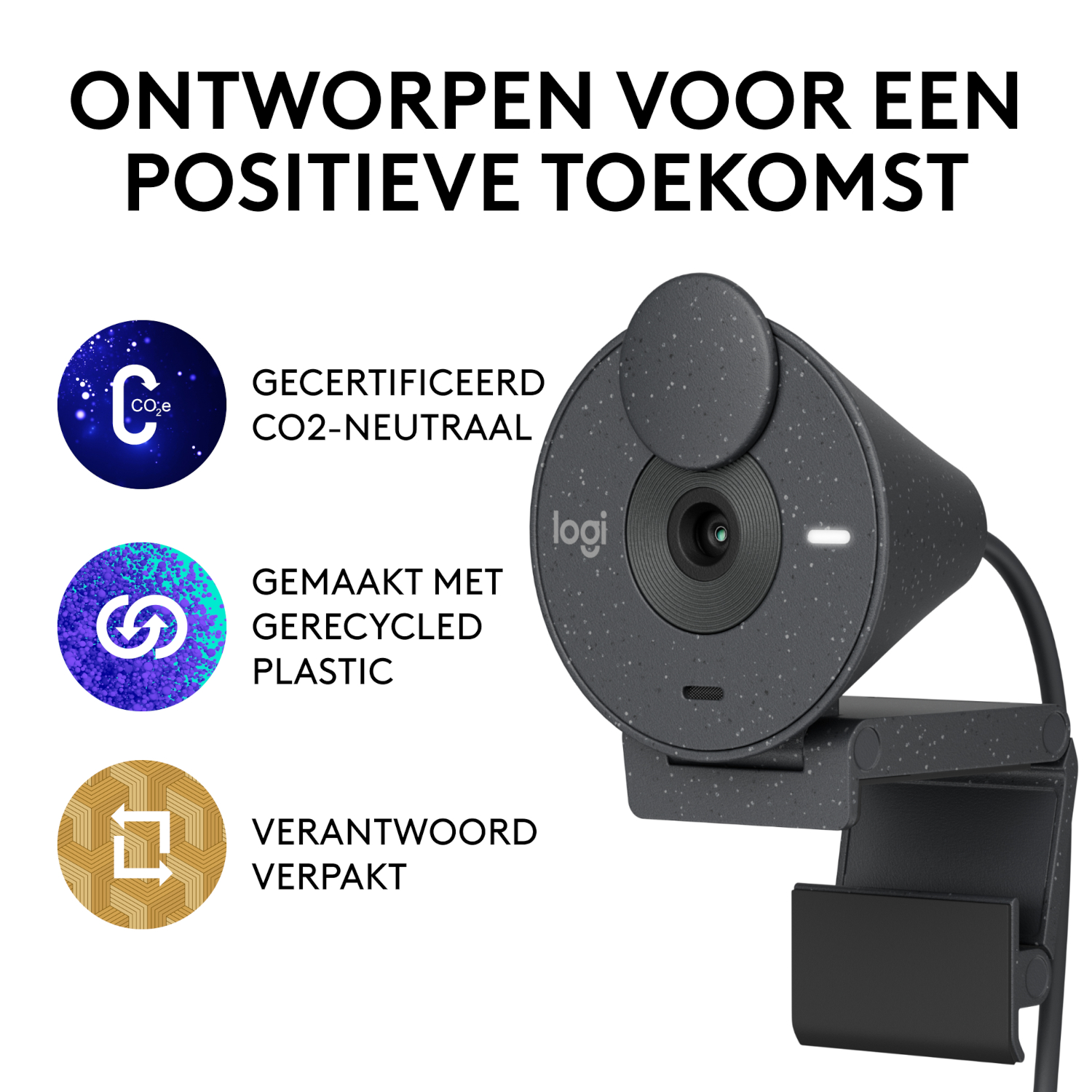Webcam. It has a dark grey body with a lens and a black base. Text includes CO2-neutral and recycled plastic.