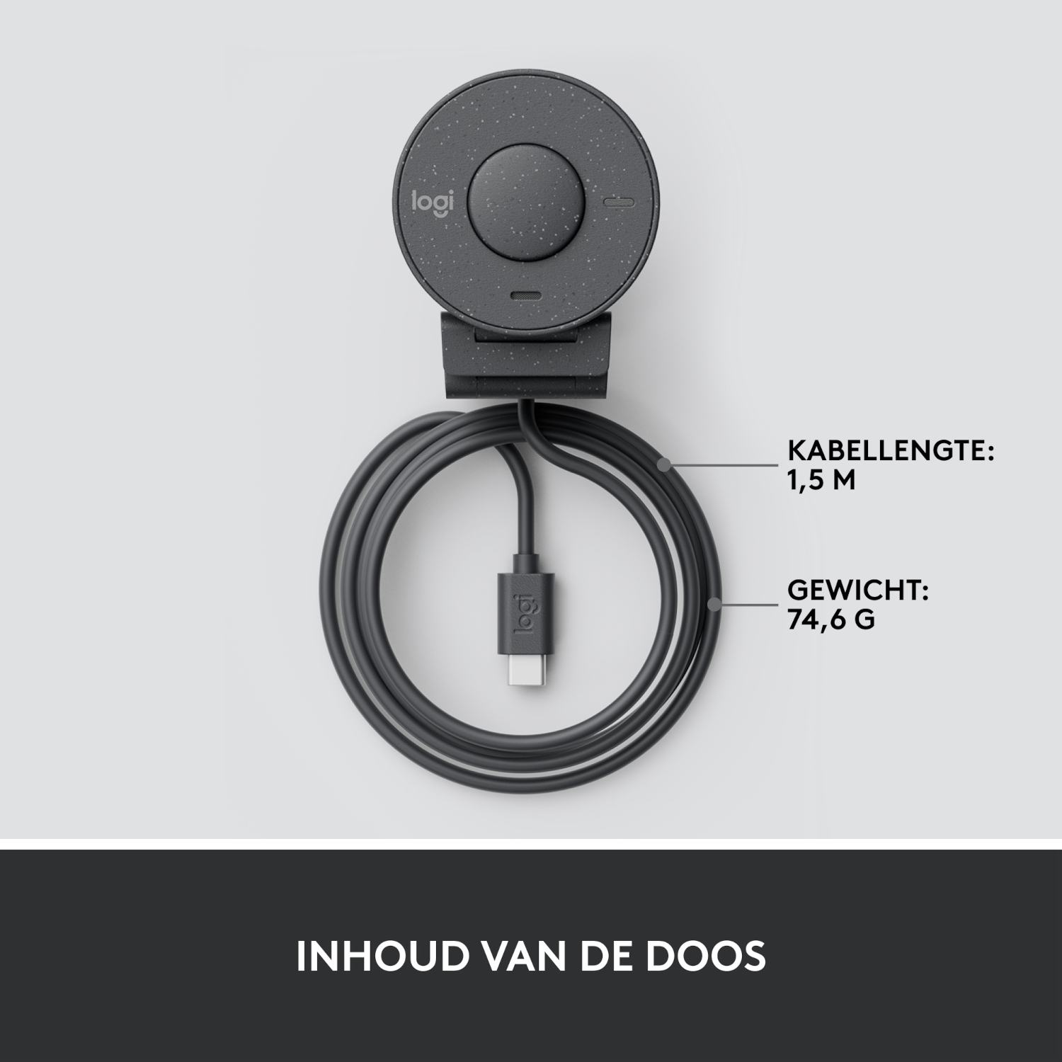Webcam with cable and specifications on a white background.