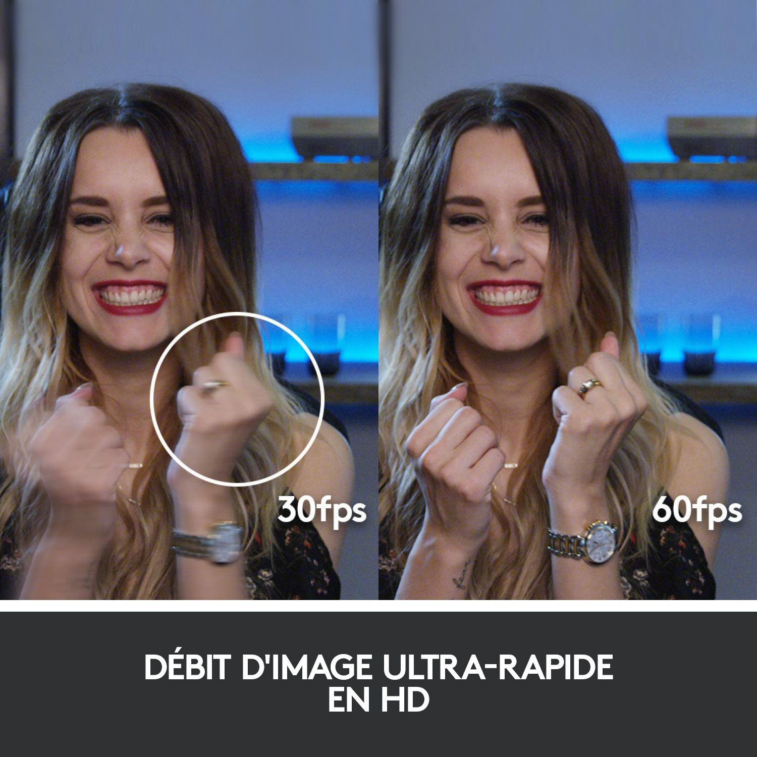 Femme souriante, poing gauche fermé. Comparaison d'images : 30fps vs 60fps.