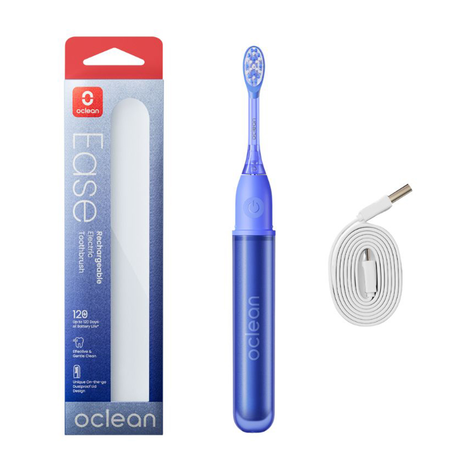 Spazzolino elettrico blu con cavo di ricarica e scatola.