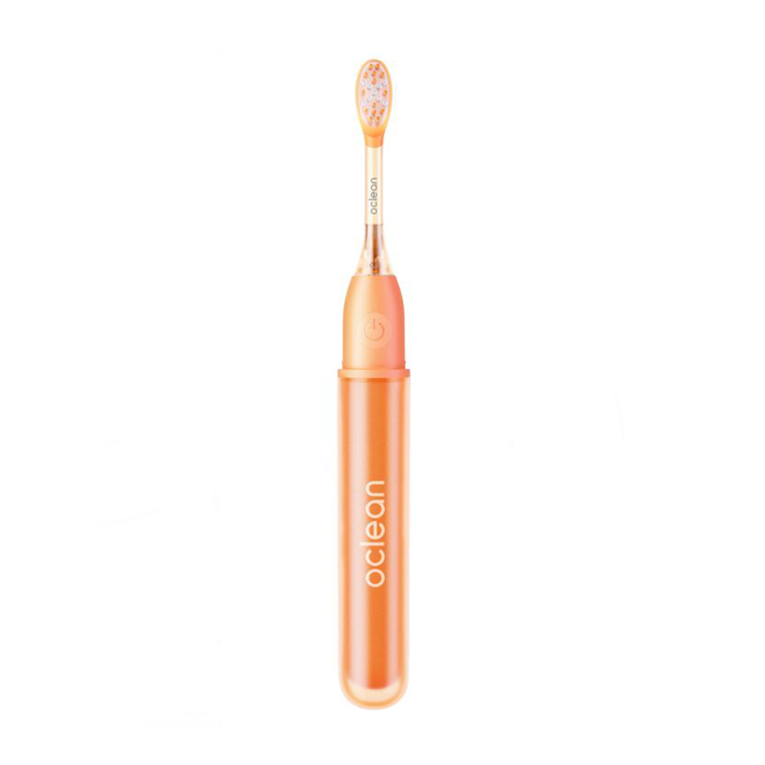 Spazzolino elettrico Oclean, corpo arancione, con testina. Isolato su sfondo bianco.