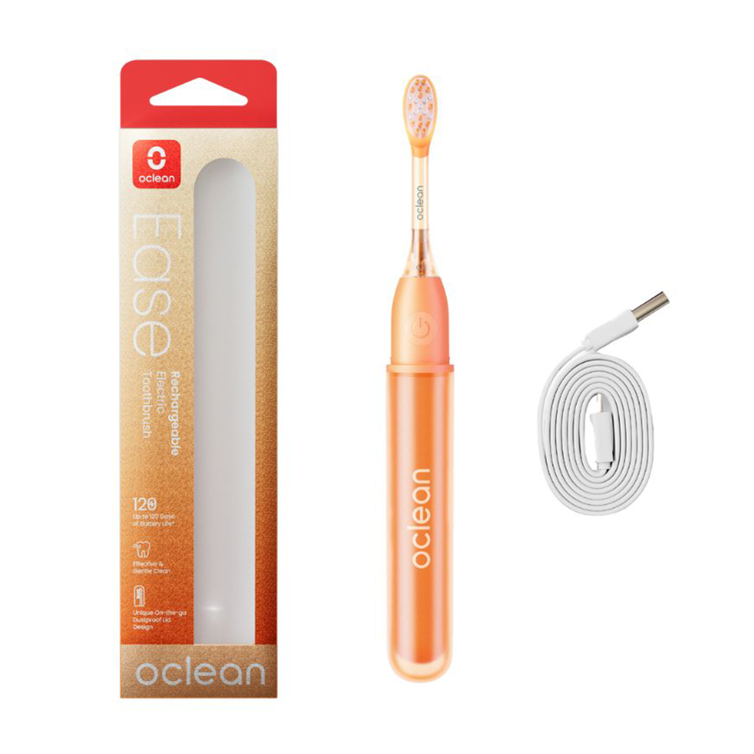 Spazzolino elettrico Oclean arancione, cavo di ricarica e una scatola con testo. Sfondo bianco.