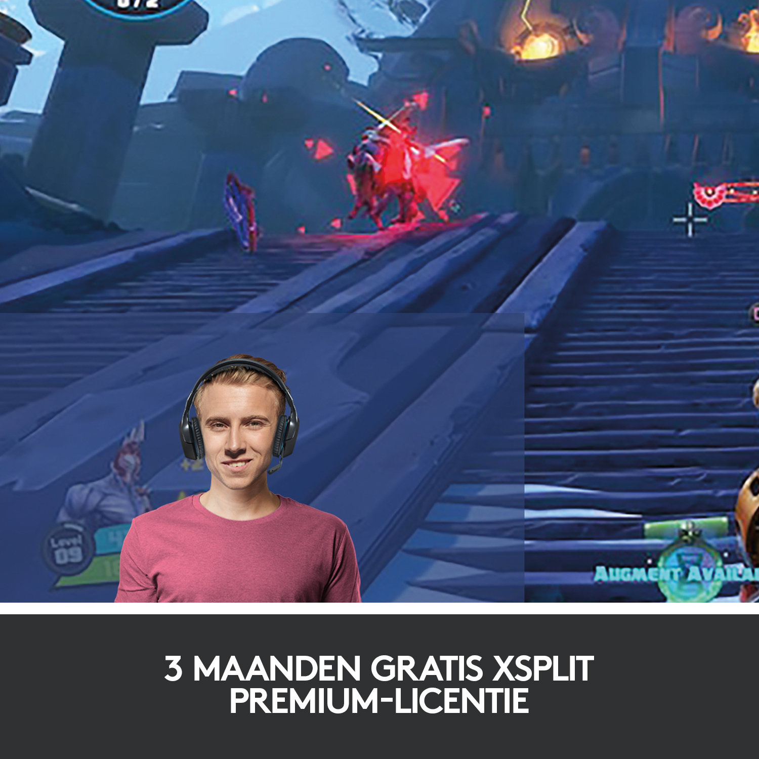 A man wearing a headset smiles. A game scene is in the background. Text: '3 Months Free Xsplit'.