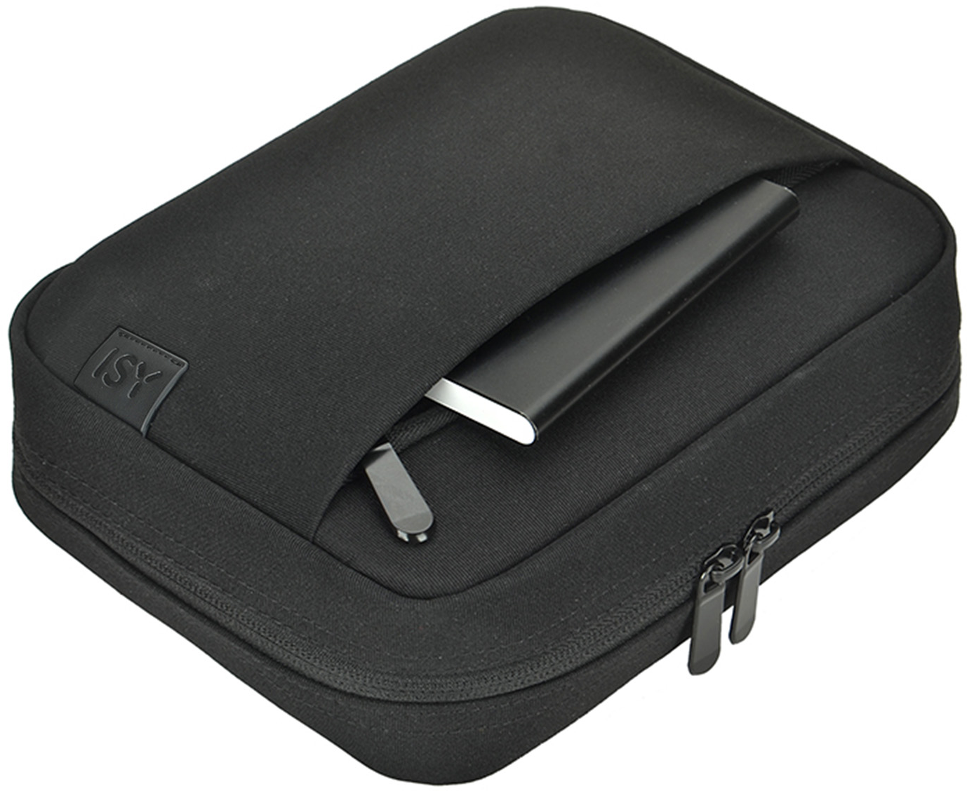 Schwarze, rechteckige Tasche mit Reißverschluss und Tasche mit Telefon.