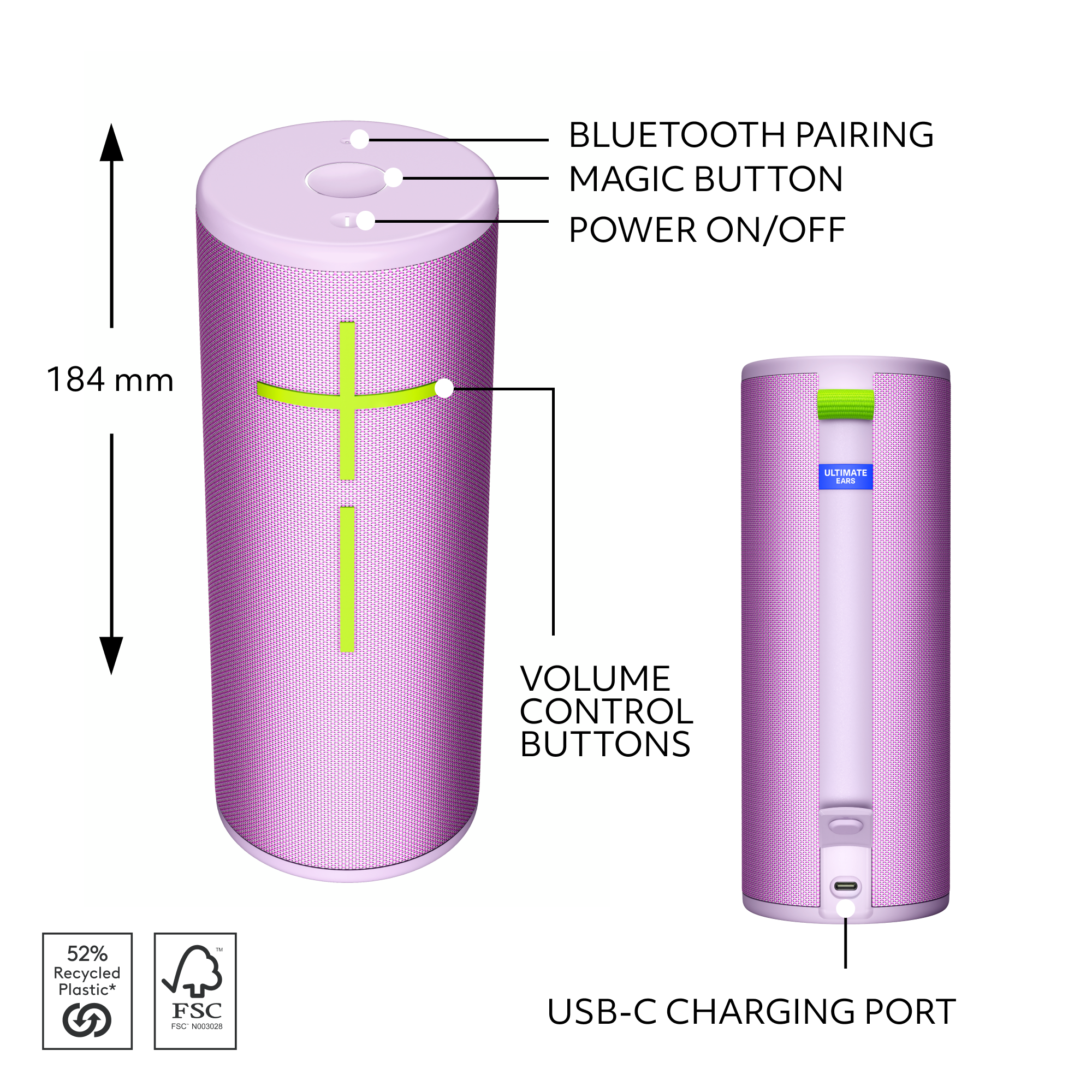 Un haut-parleur violet et grand avec des boutons. Il a une croix verte et un port USB-C.