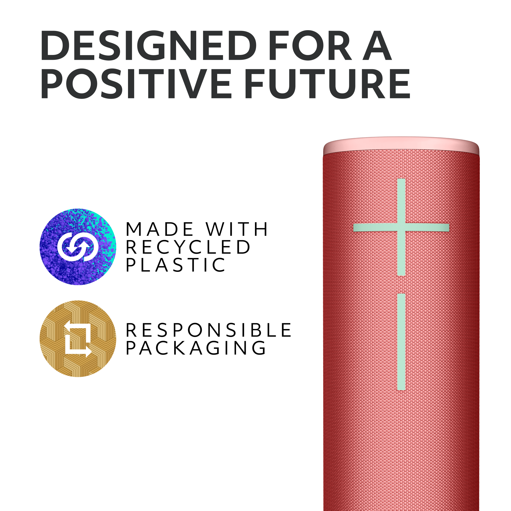 Haut-parleur rouge avec texte : Fabriqué avec du plastique recyclé, emballage responsable.