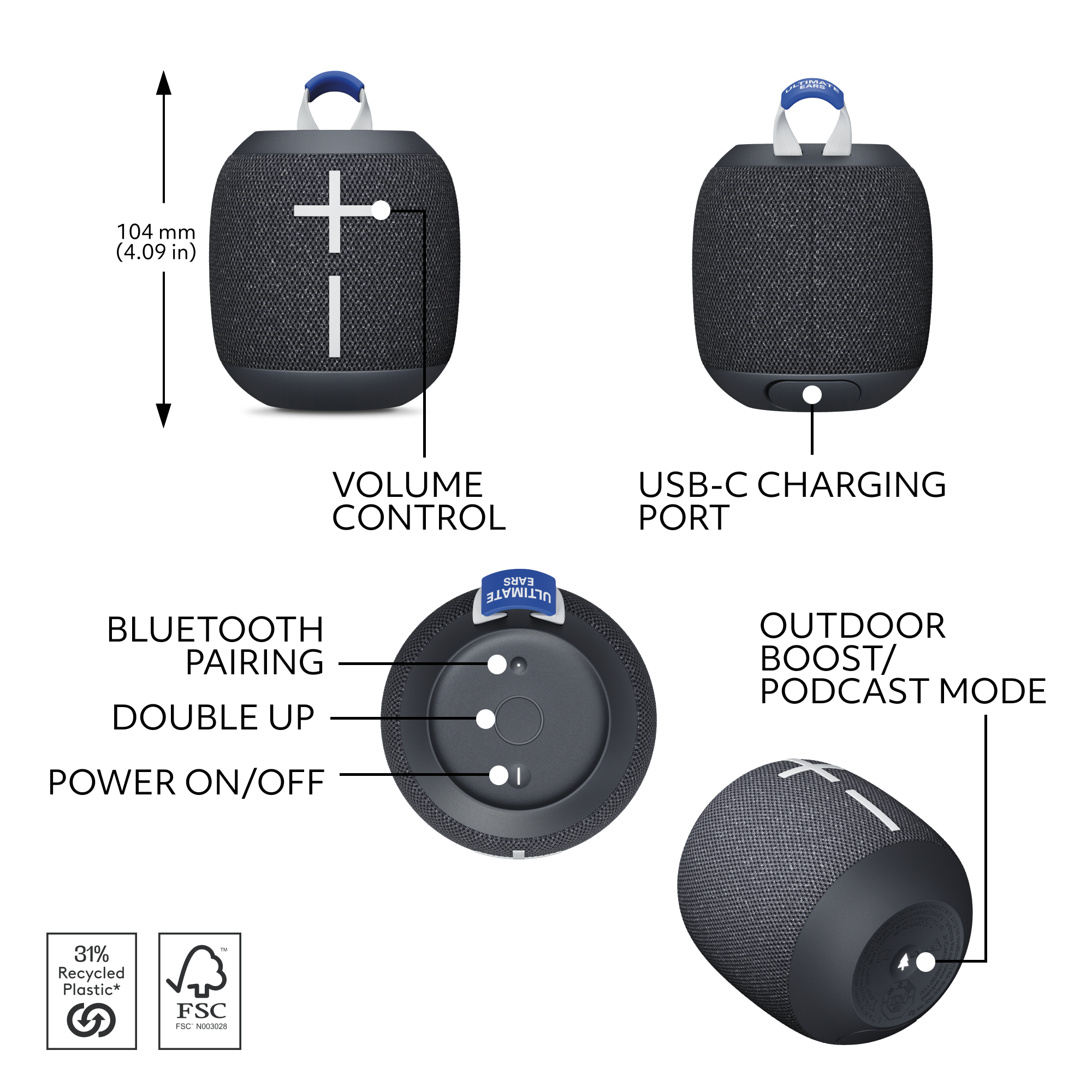 Altoparlante nero Ultimate Ears con etichette di controllo e dimensioni. Bluetooth e USB-C.