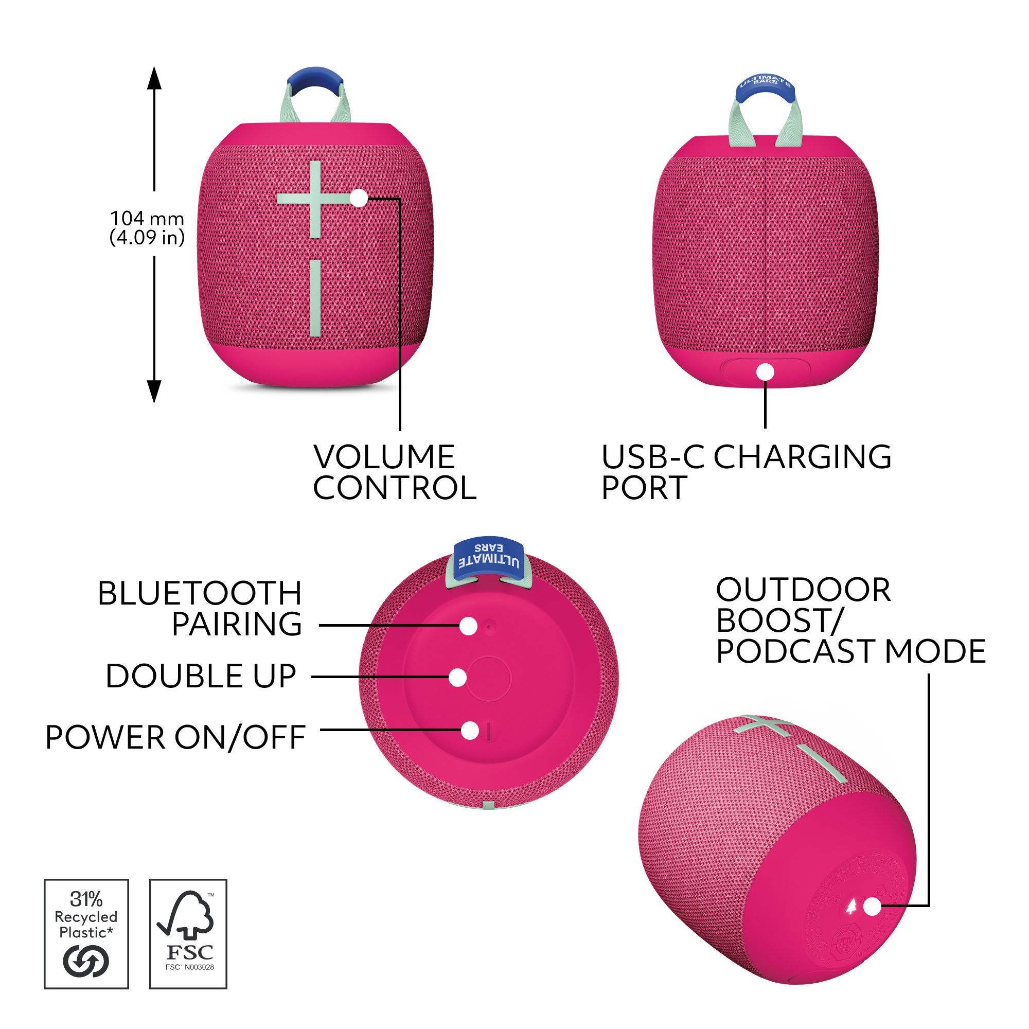 Pinkfarbener Ultimate Ears Lautsprecher mit Lautstärke- und Bluetooth-Details.