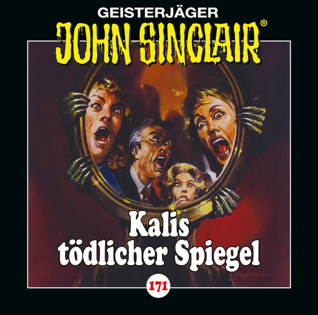 Buchcover. Drei verängstigte Gesichter in einem Spiegel. Titel ist Kalis tödlicher Spiegel.