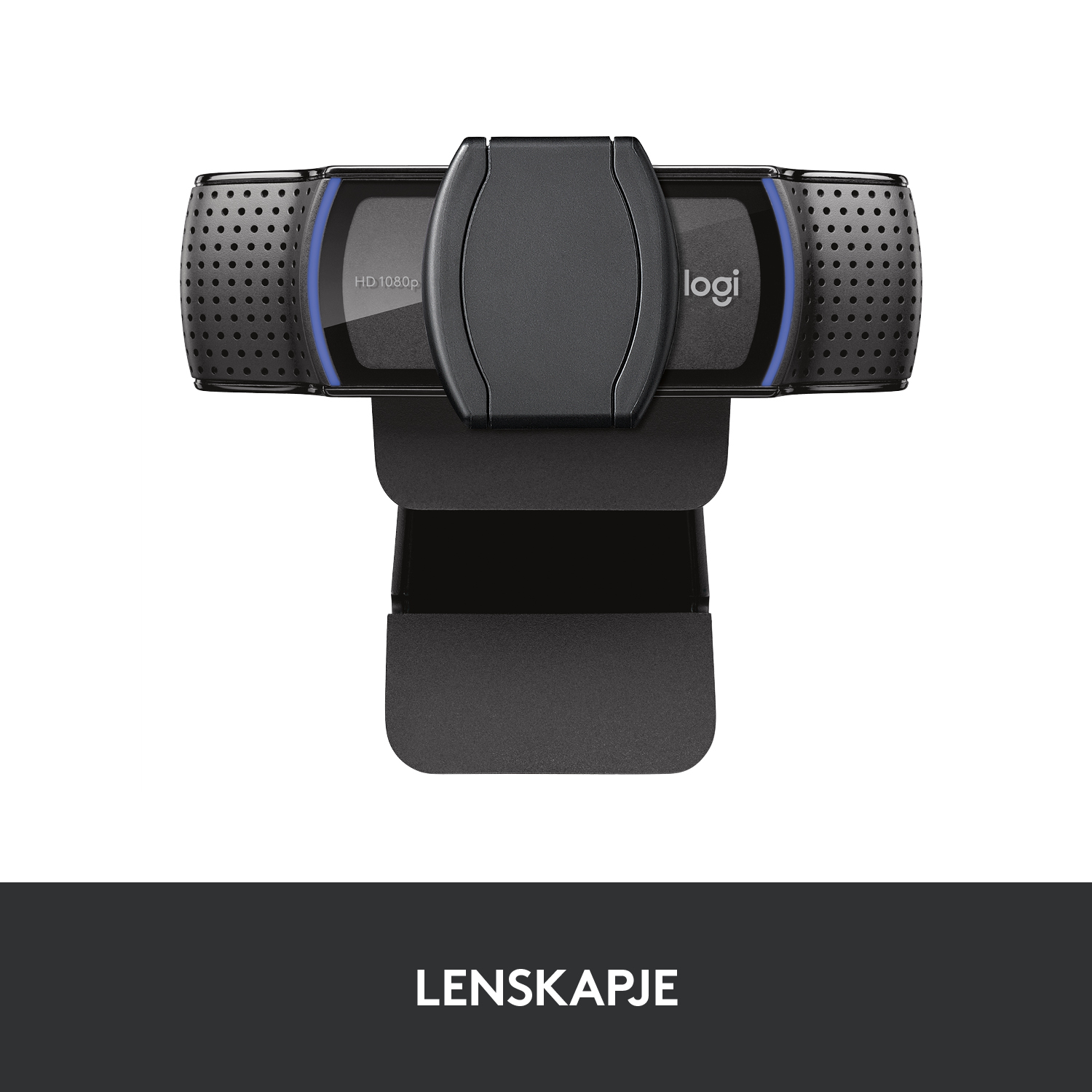 Black Logitech webcam with blue accents, mounted on a stand, with the word 'lenskapje'.