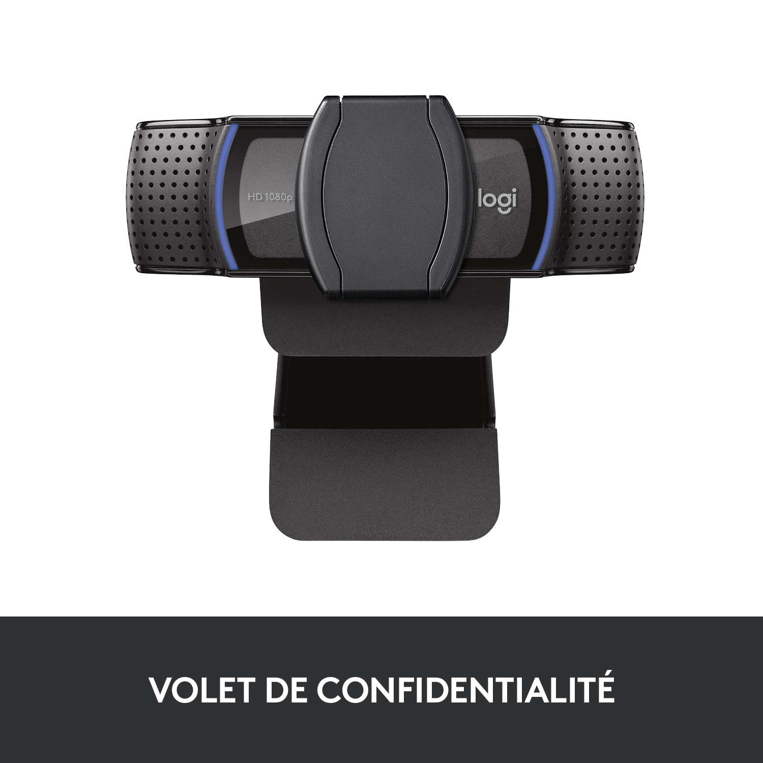 Webcam avec un design noir et bleu, le texte 'VOLET DE CONFIDENTIALITÉ' est affiché.