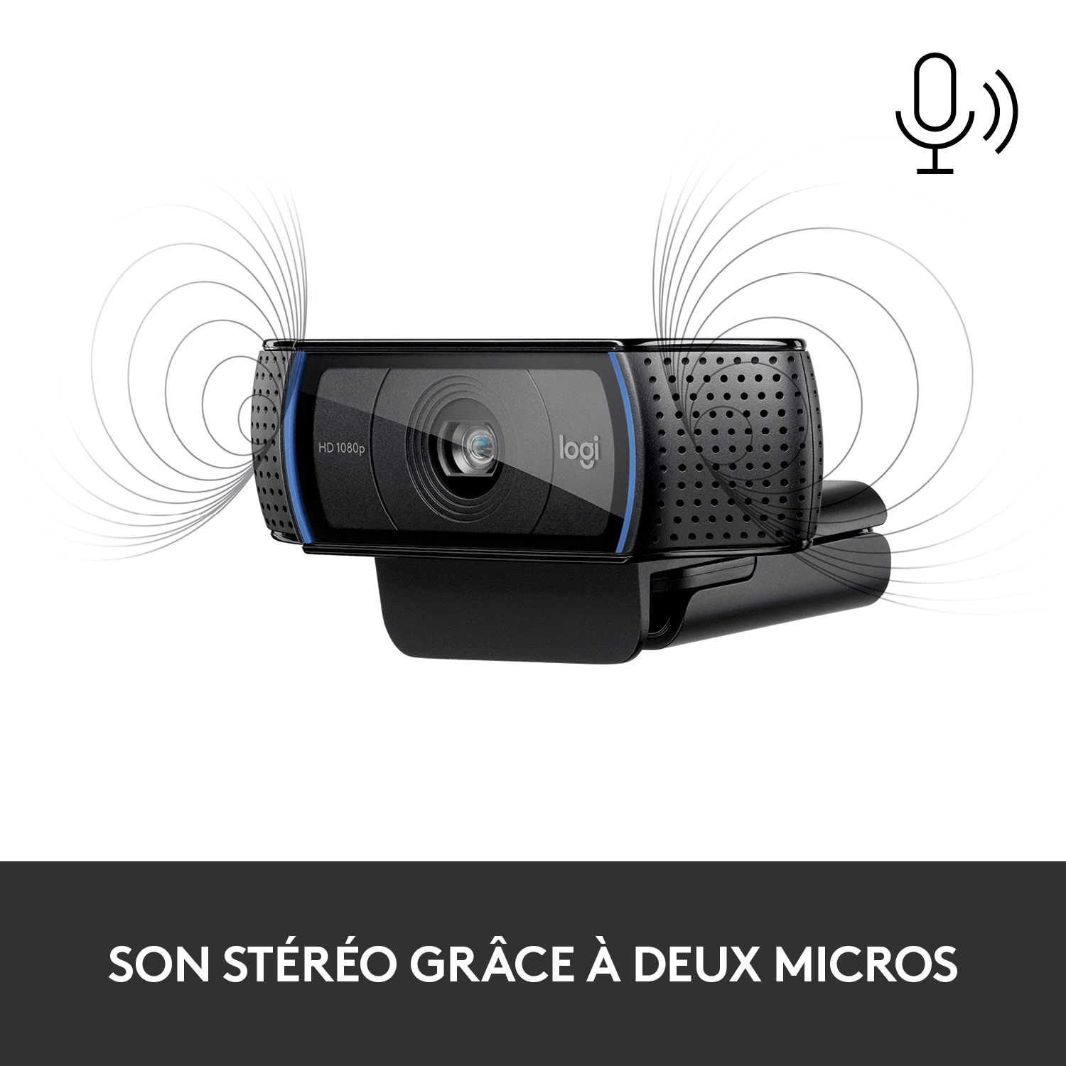 Une webcam Logitech avec microphones stéréo, sur un support noir, avec du texte en français.
