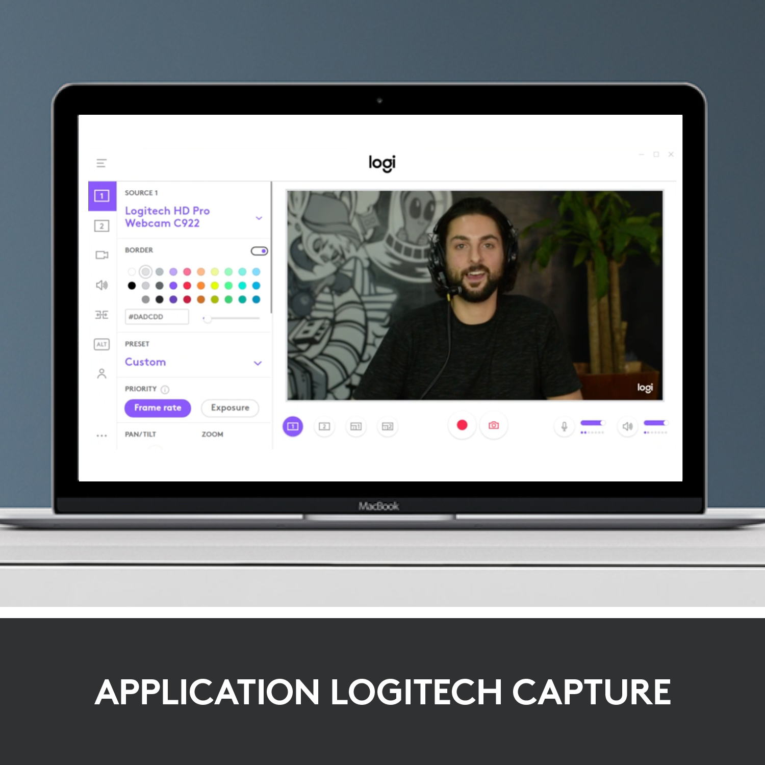 Écran d'ordinateur portable affichant l'interface de l'application Logitech Capture avec un homme.