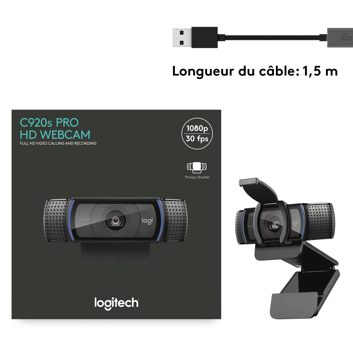 Webcam Logitech C920s Pro HD avec câble noir et emballage.