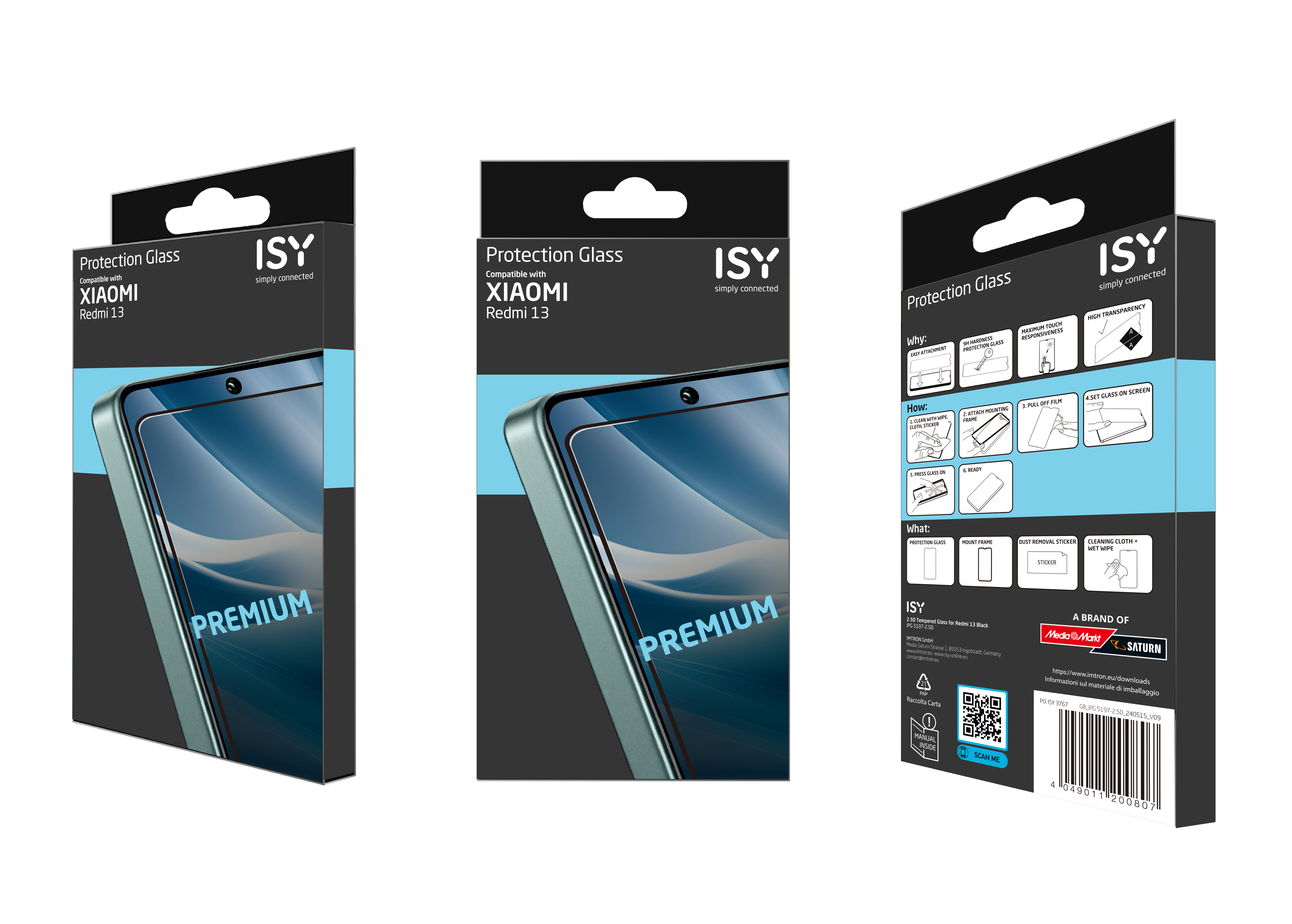 Smartphone-Displayschutzbox. Zeigt ein Telefon mit gebogenem Bildschirm und das ISY-Logo.