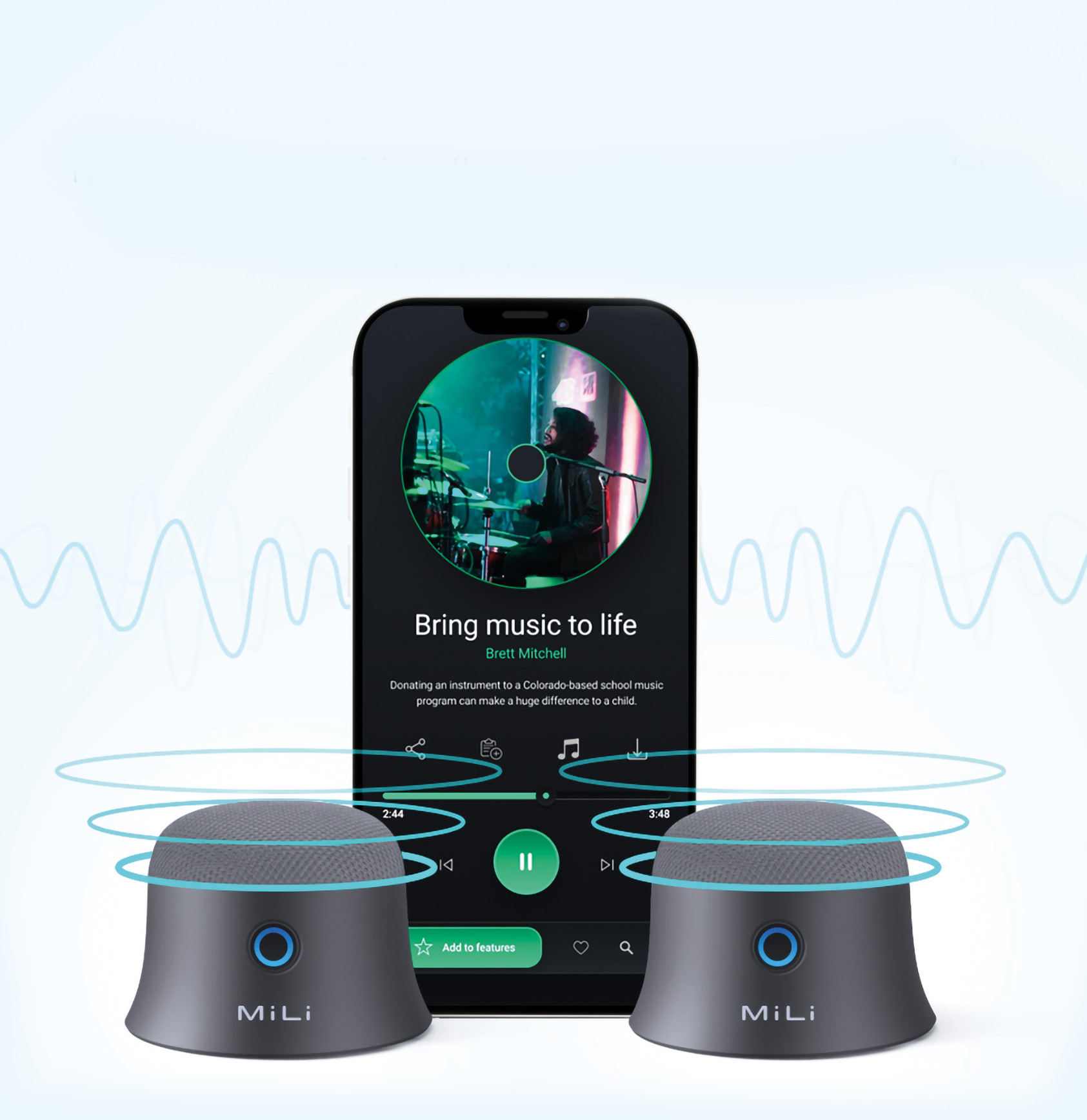 Zwei schwarze Lautsprecher flankieren ein Smartphone, das Musik abspielt, mit blauen Schallwellen.