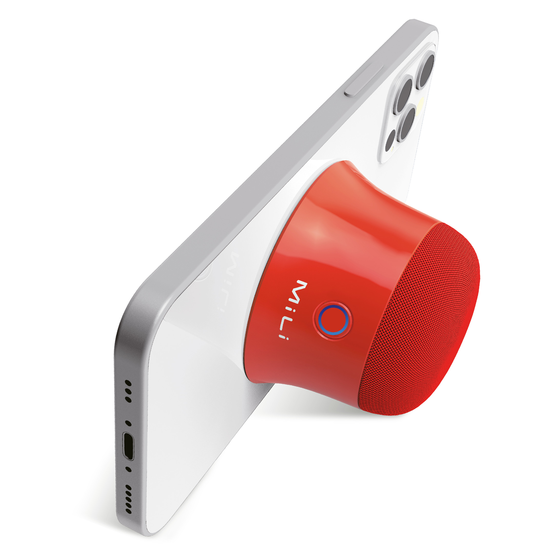 Ein roter und weißer Lautsprecher an einem weißen Telefon. Der Lautsprecher hat ein rotes Netz und einen blauen Knopf.