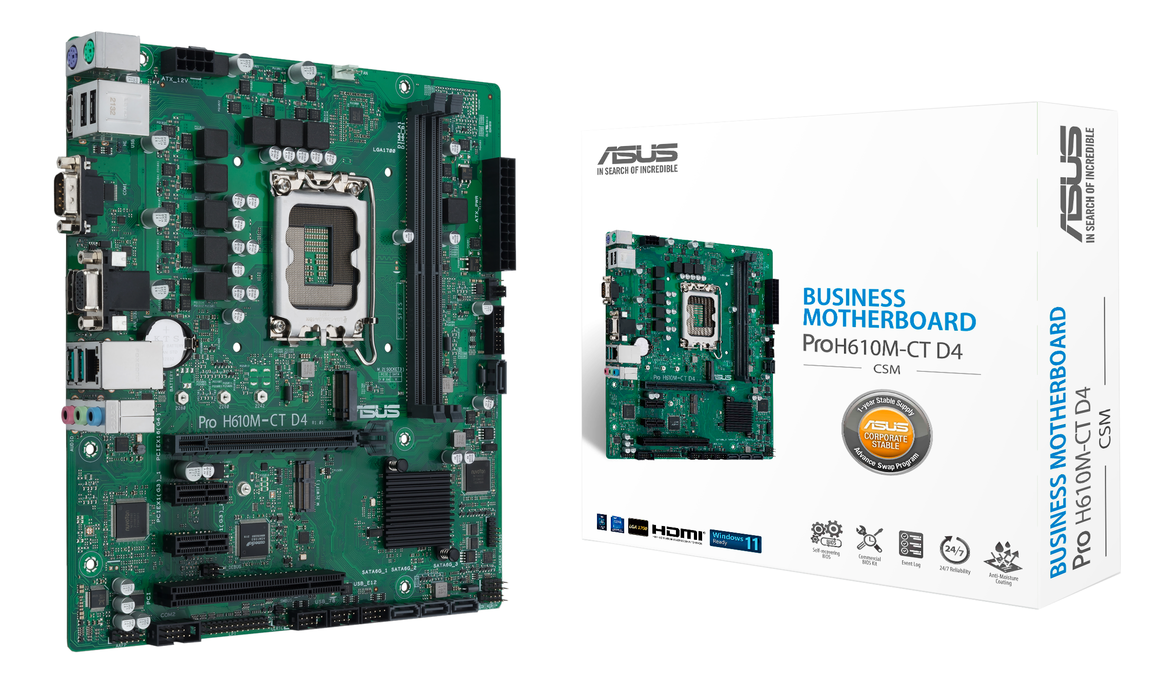 Carte mère ASUS Pro H610M-CT D4 et sa boîte. PCB vert. Boîte avec détails.