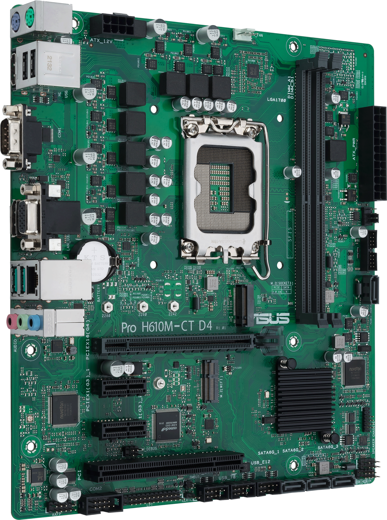 Carte mère d'ordinateur verte. Composants, ports et socket CPU visibles.