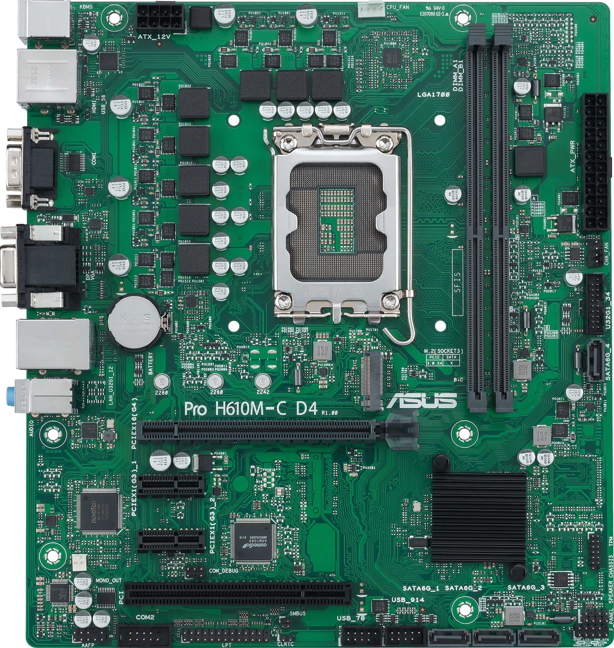 Carte mère verte avec divers composants, dont un socket CPU et des slots d'extension.