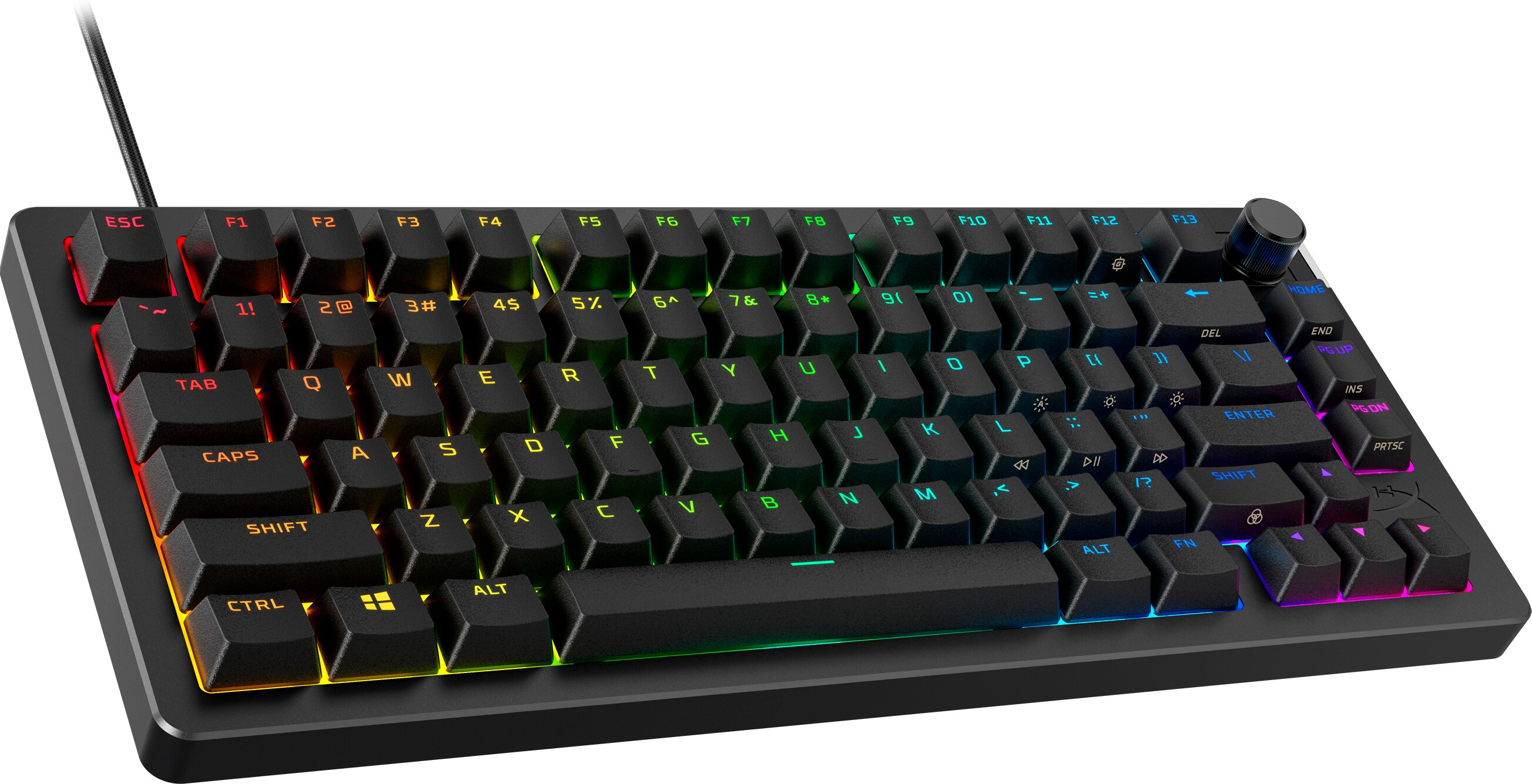 A black gaming keyboard with colorful keys. It has a volume knob and function keys.