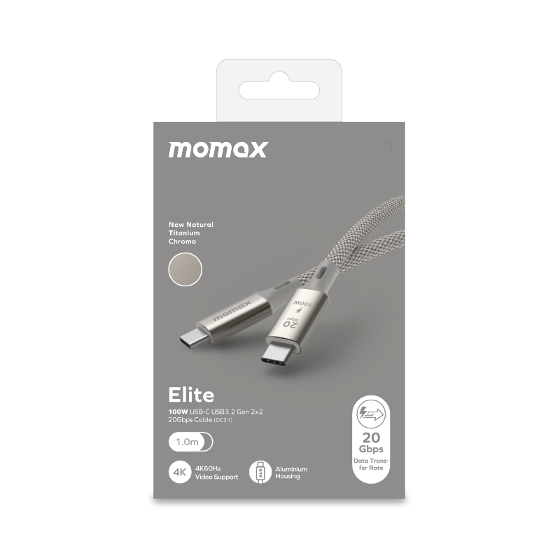 Siyah bir arka plan üzerinde Momax Elite USB-C kablo paketi.