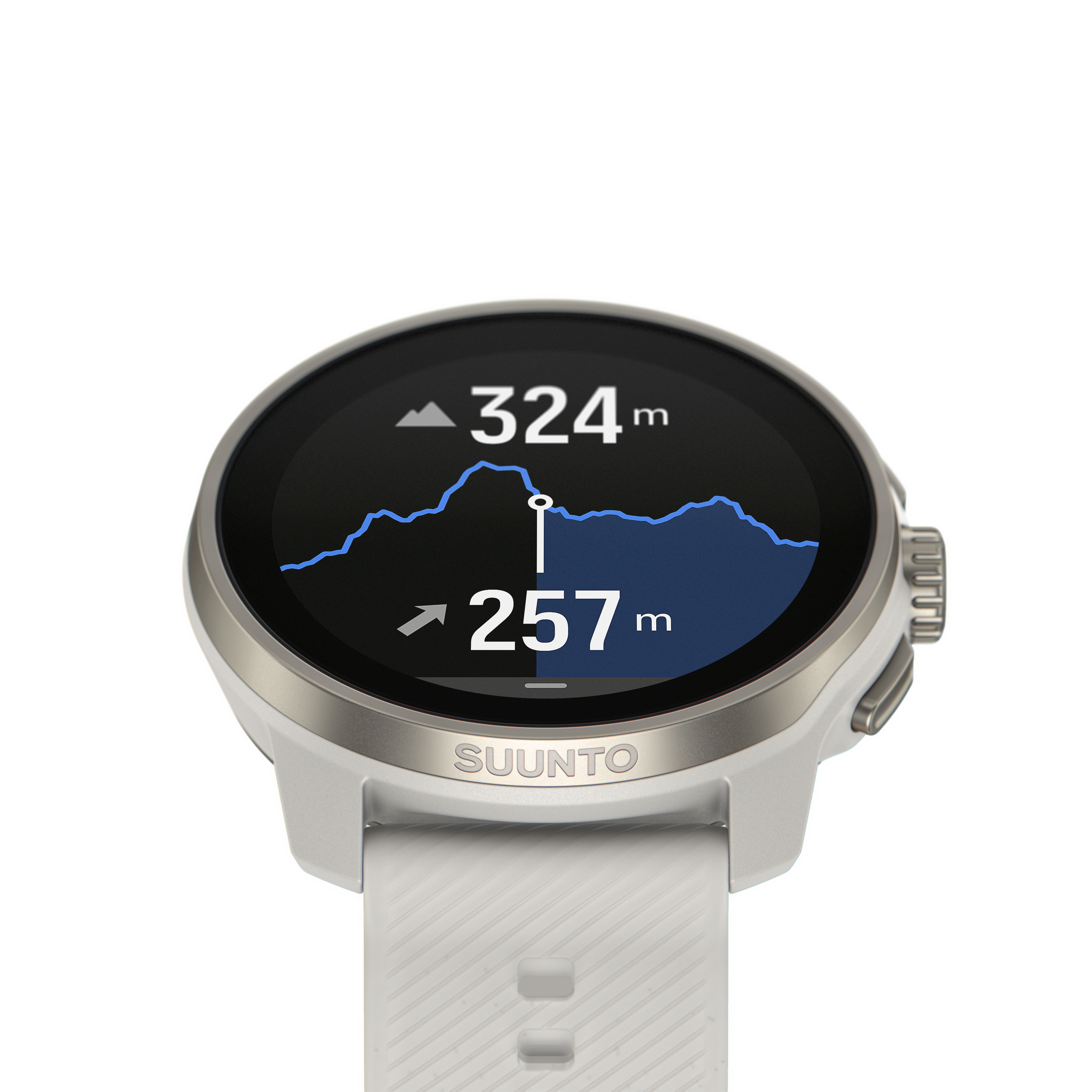 Weiße Smartwatch zeigt Höhenprofil und aktuelle Höhe auf weißem Hintergrund.