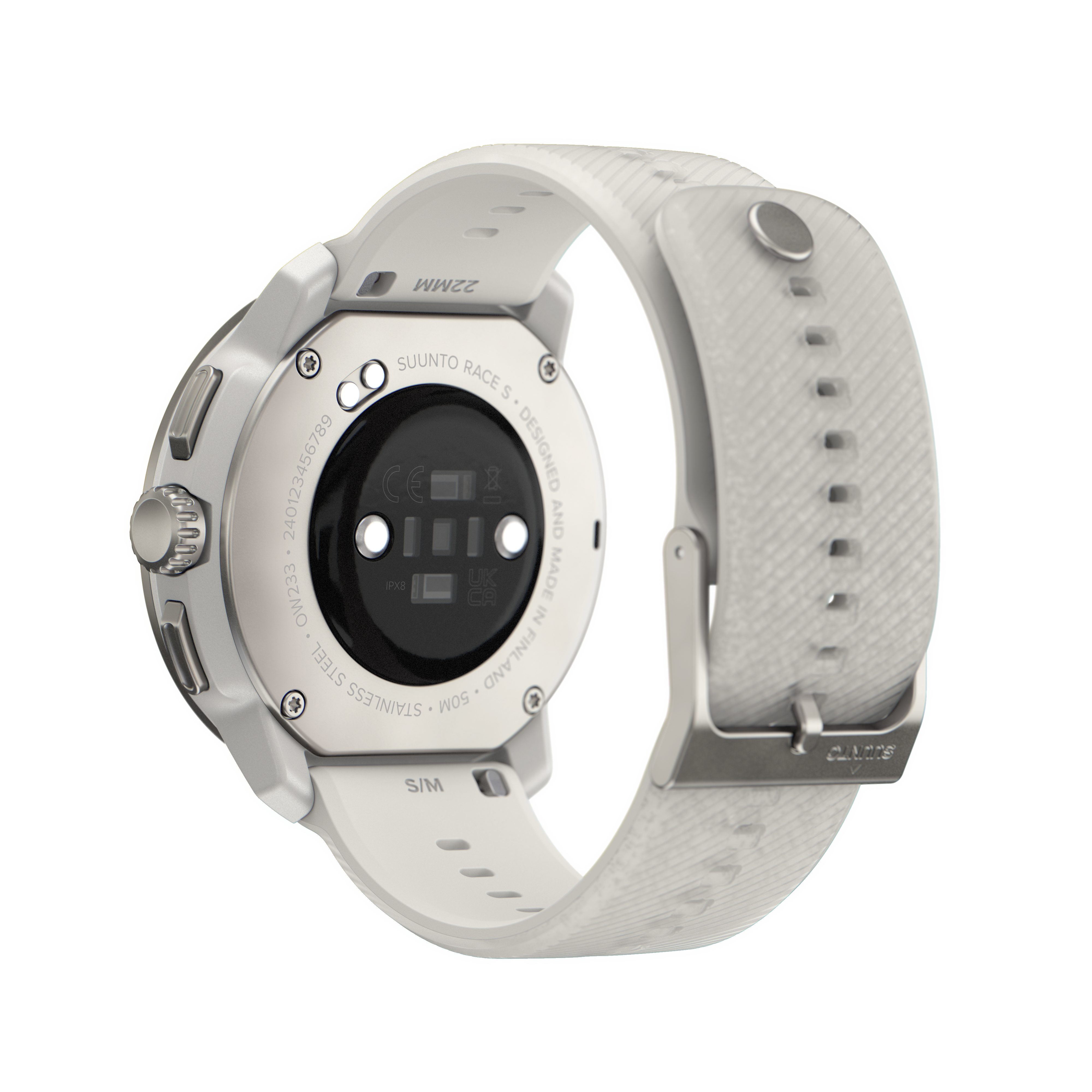 Weiße Suunto-Uhr, Rückansicht, weißes Armband, Details aus Edelstahl.