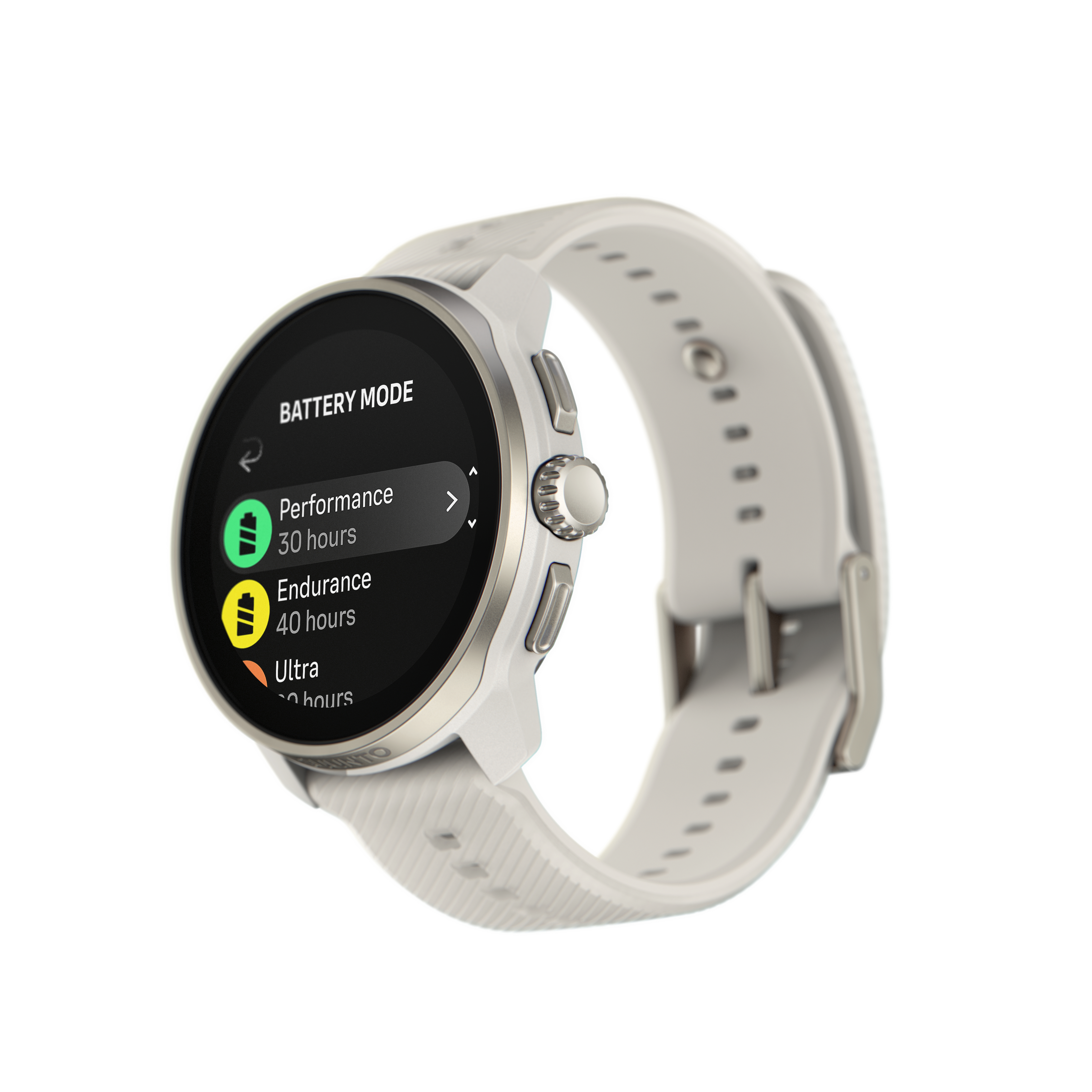 Eine weiße Suunto-Uhr mit weißem Armband, die Batteriemodi auf dem Bildschirm zeigt.