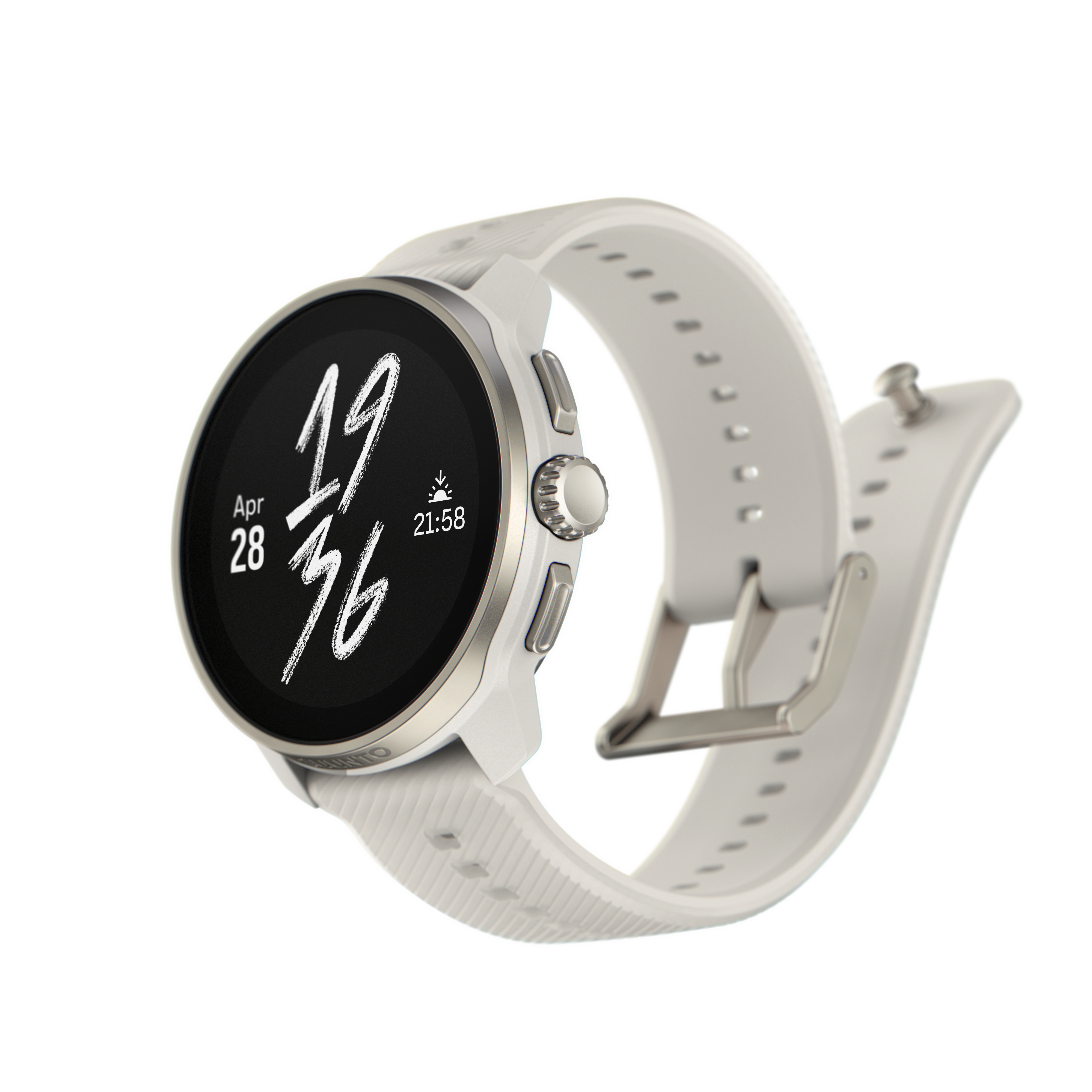 Eine weiße Smartwatch mit weißem Armband, zeigt Datum und Uhrzeit an.