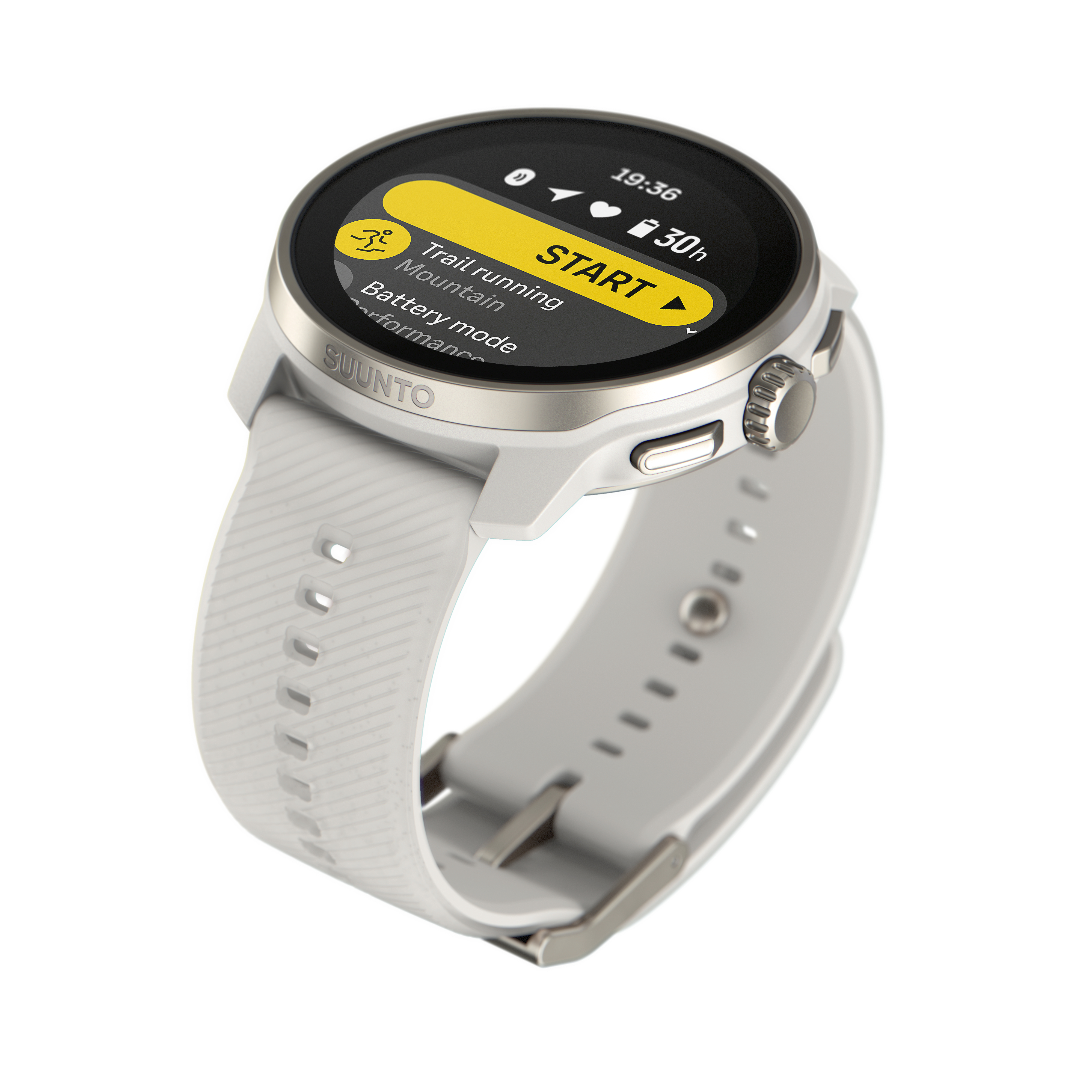 Eine weiße Suunto Smartwatch mit weißem Armband. Zeigt den Startbildschirm für Trailrunning.