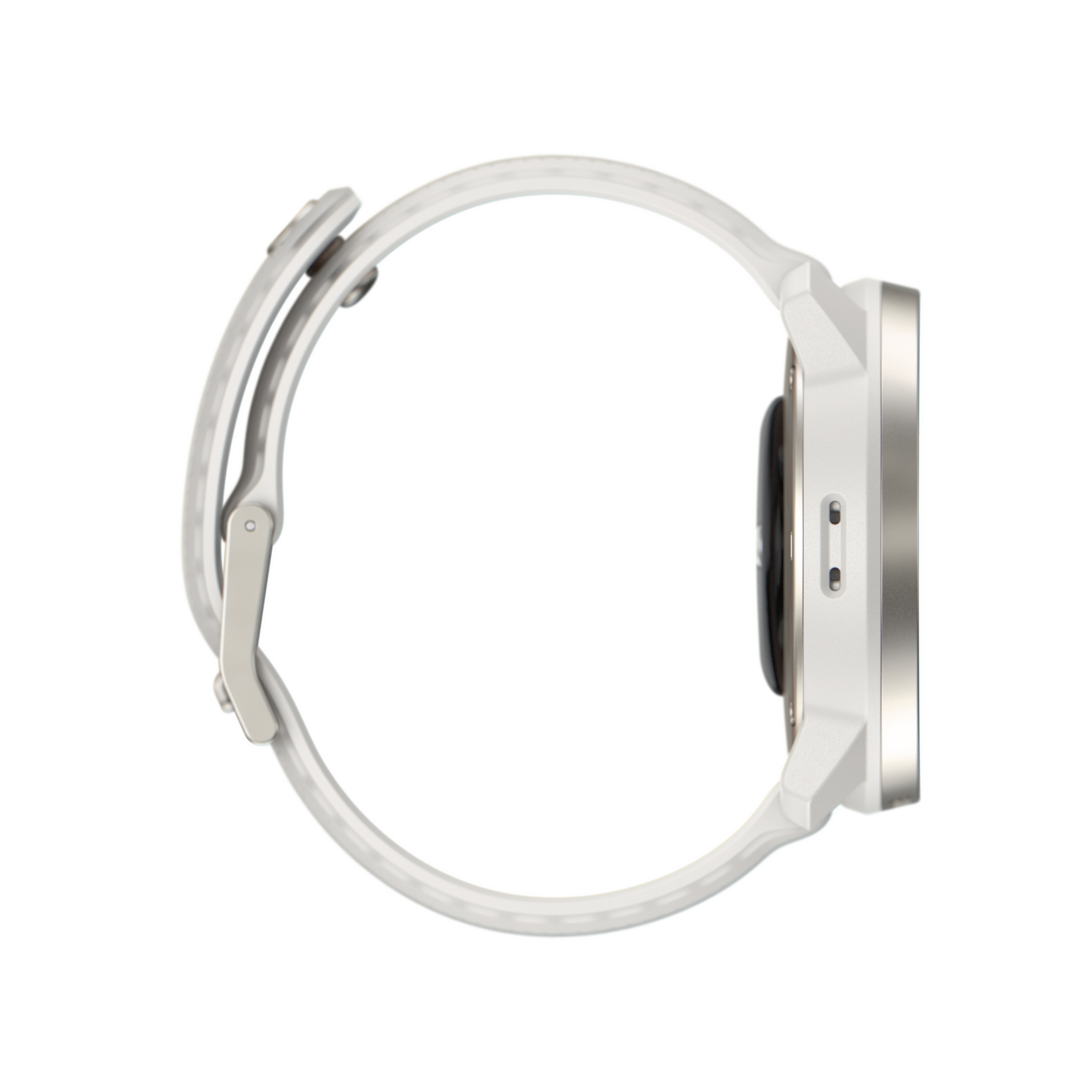 Weiße Smartwatch, Seitenansicht. Zeigt Armband, Zifferblatt und Verschluss.