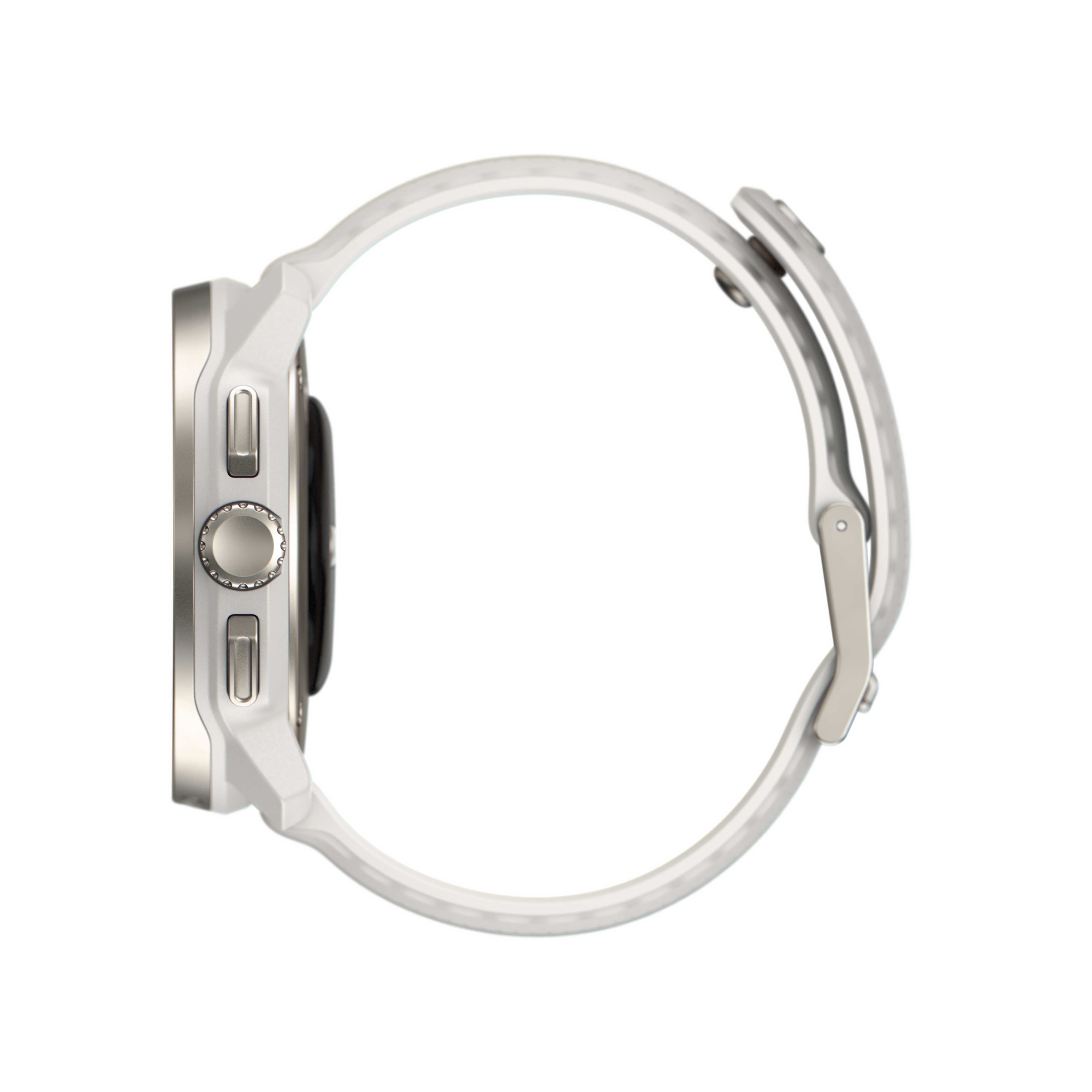 Weisse Smartwatch, Seitenansicht, mit Armband und Bedienelementen sichtbar.