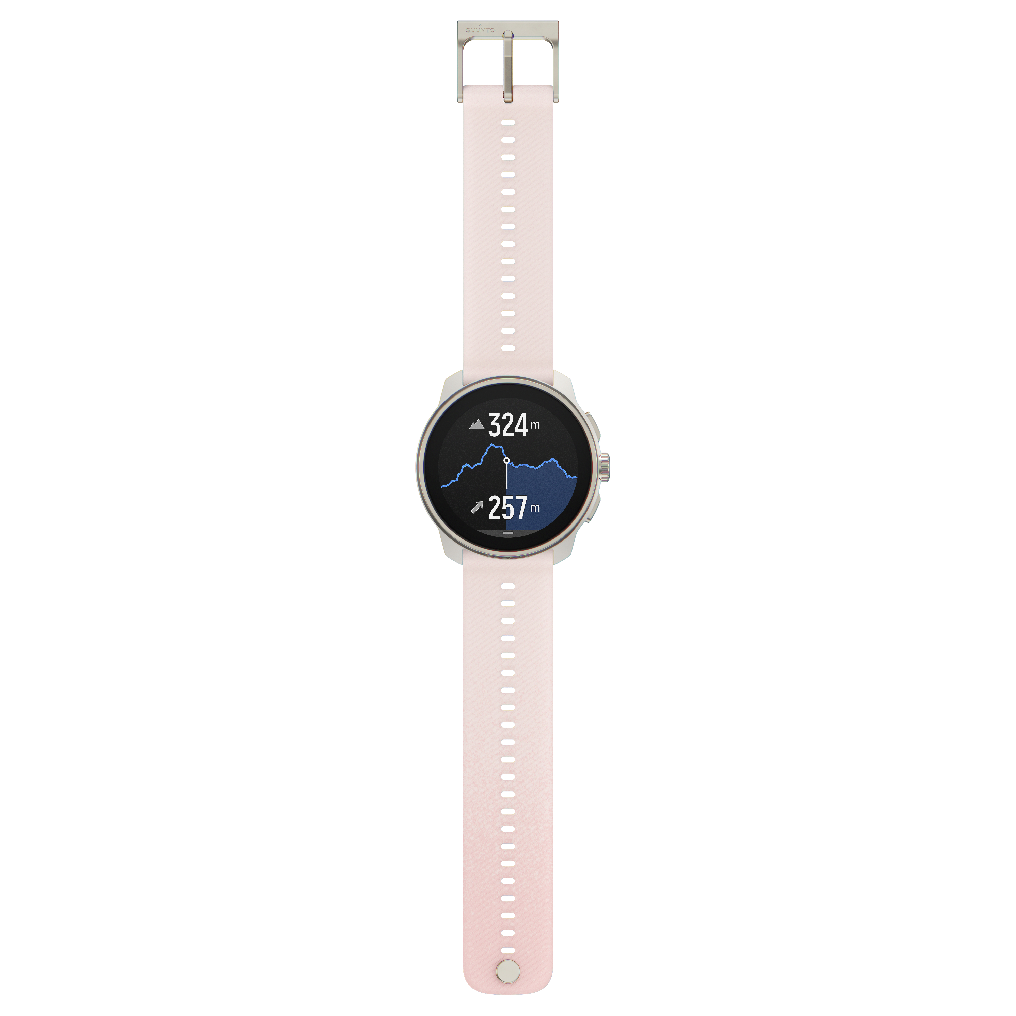 Eine rosa Smartwatch mit weißem Hintergrund, die Höhe und ein Diagramm zeigt.