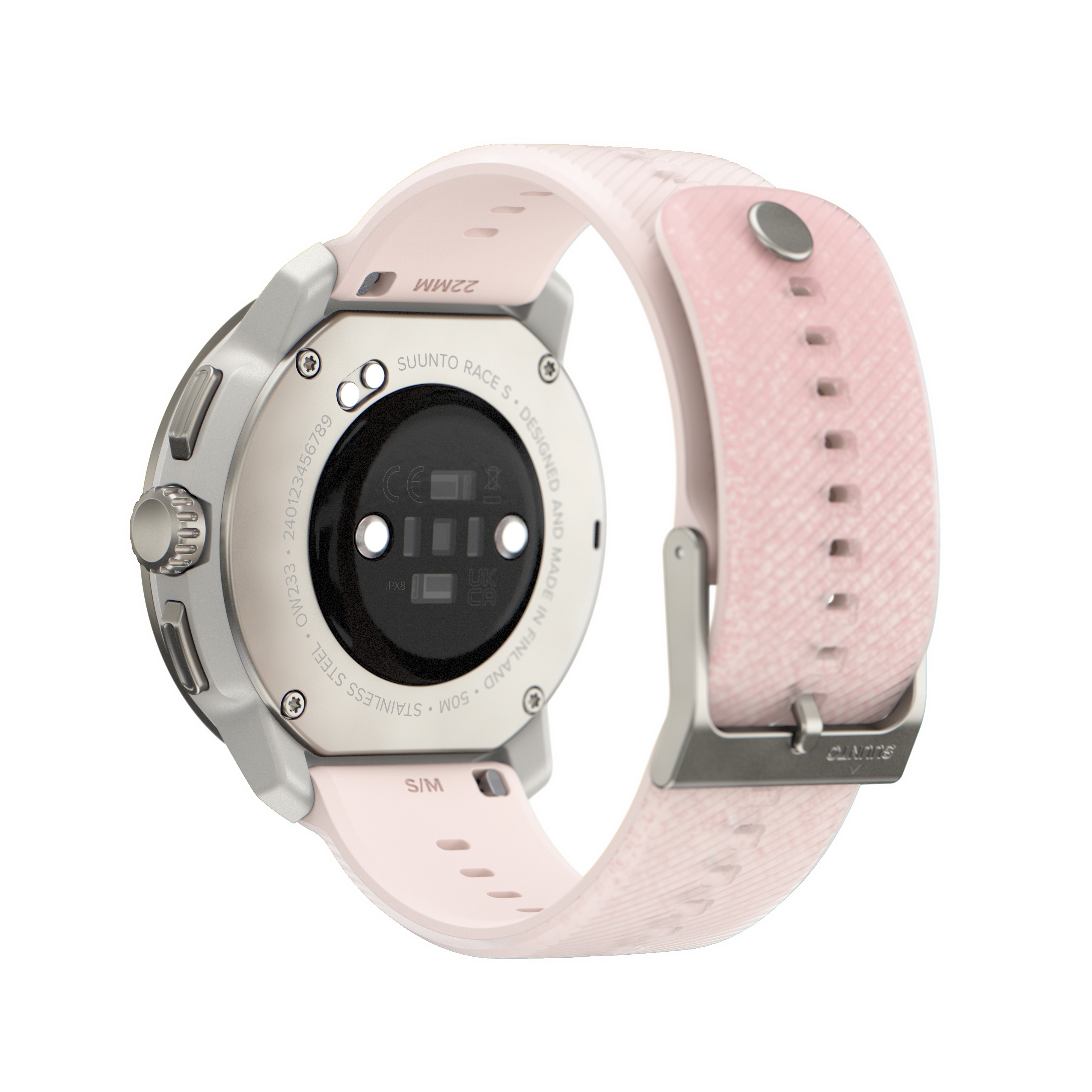 Uhr. Rosa Armband, schwarzes Zifferblatt mit Knöpfen. Seitenansicht, weißer Hintergrund.