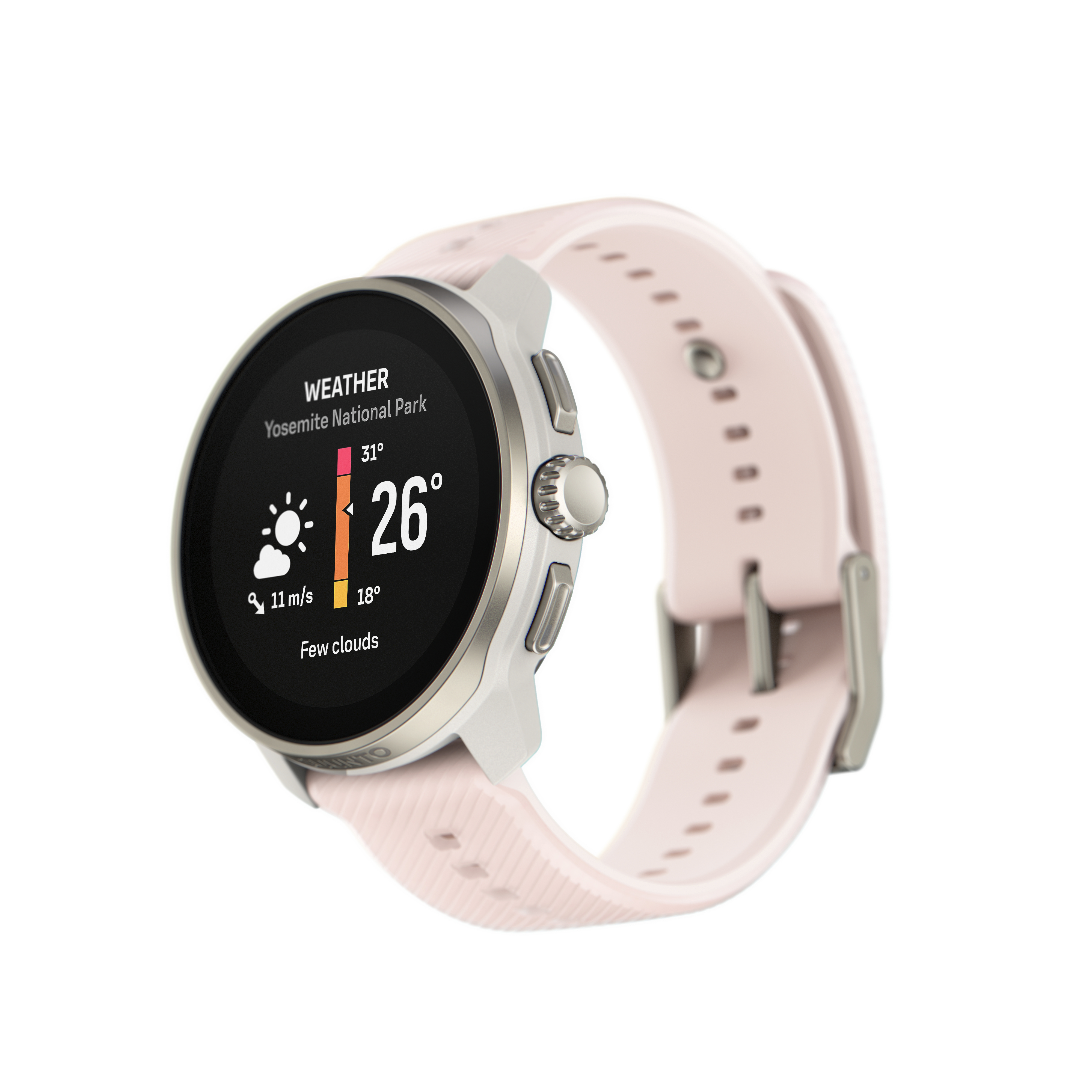 Rosa Smartwatch mit silbernem Gehäuse und rosa Armband, zeigt Wetterinformationen, isoliert auf Weiß.