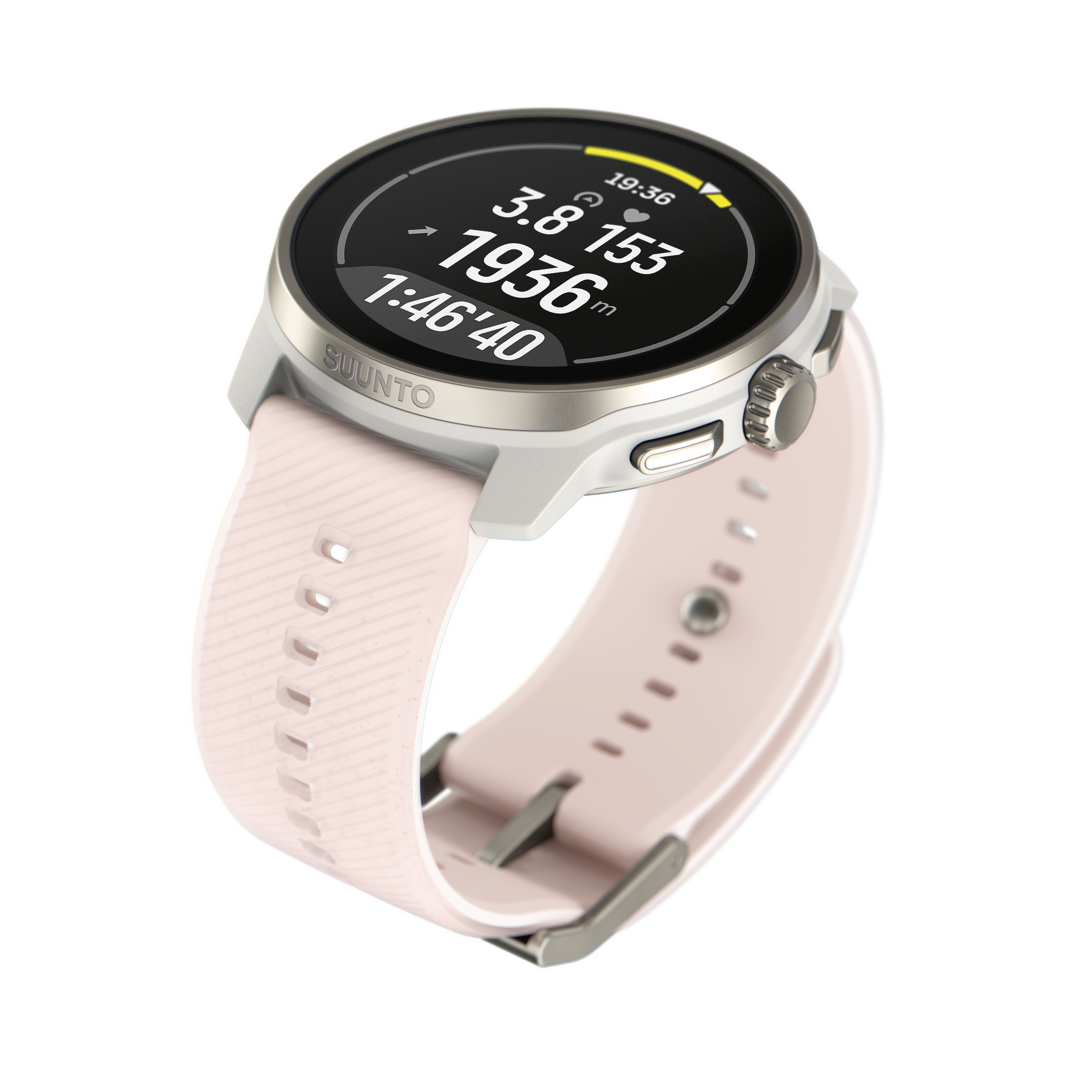 Eine silberne Suunto-Uhr mit pinkfarbenem Armband. Der Bildschirm zeigt Zeit und andere Daten.