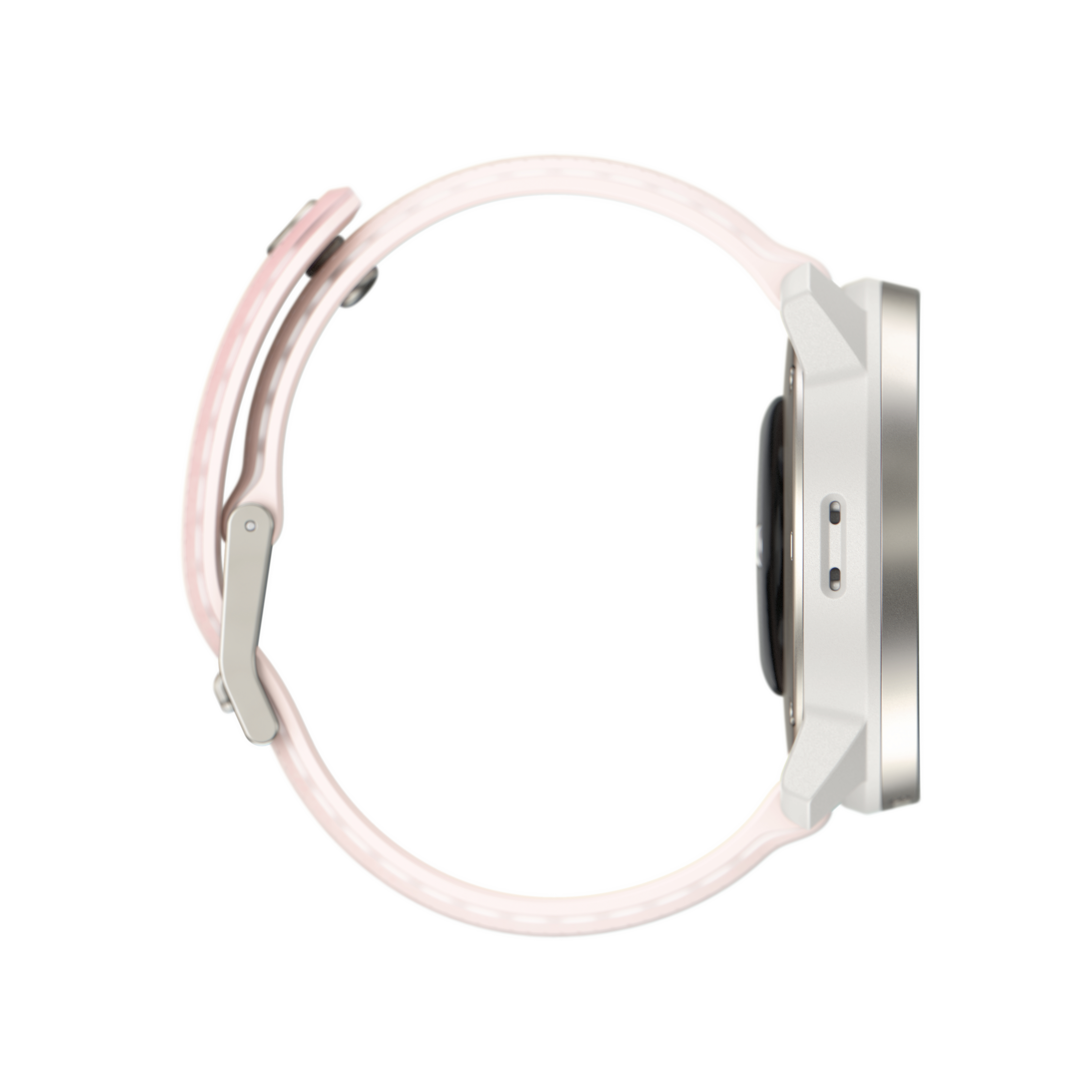 Seitenprofil einer Smartwatch. Sie hat ein weißes Gehäuse, ein rosa Armband und eine silberne Schnalle.