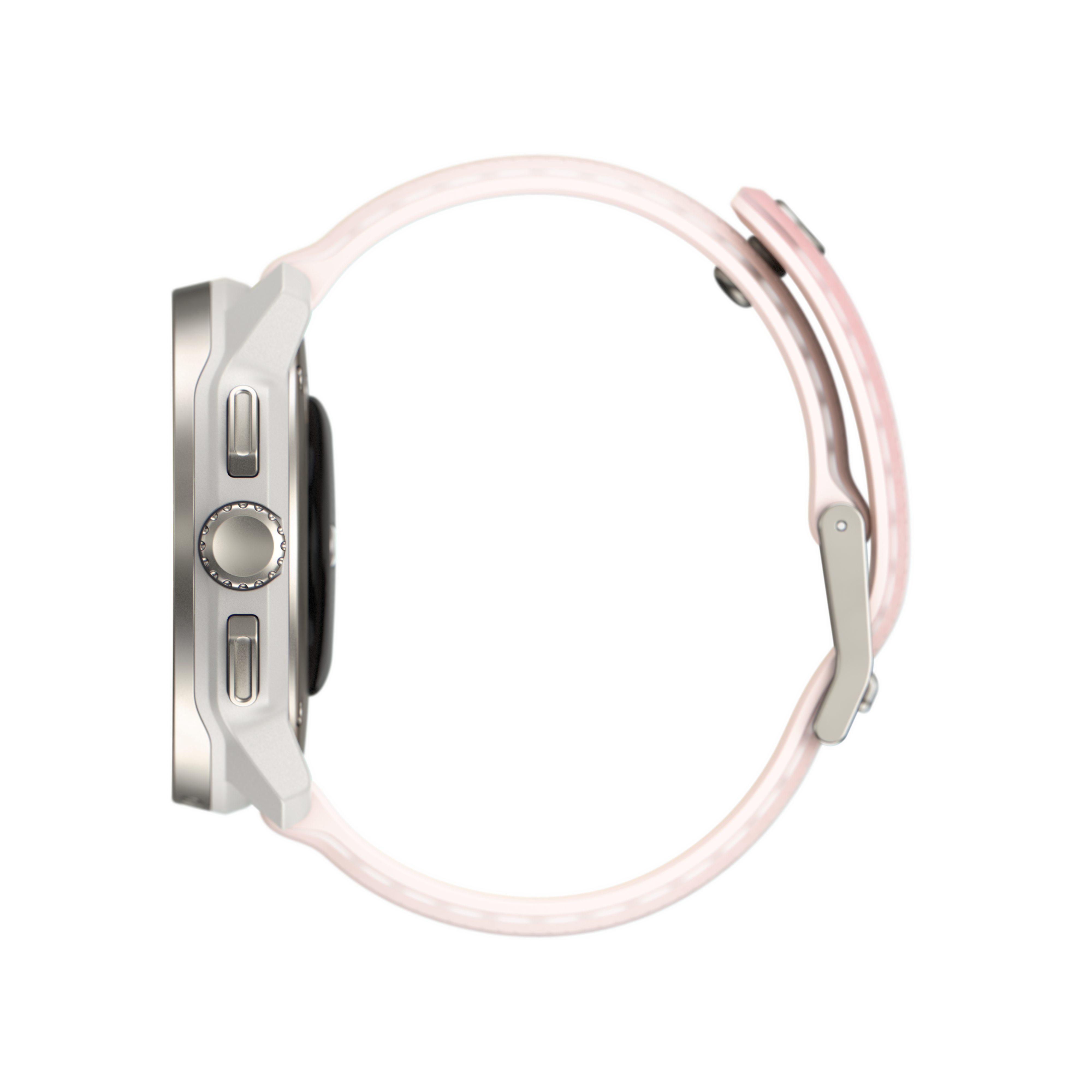 Seitenansicht einer silbernen Smartwatch mit pinkfarbenem Armband.
