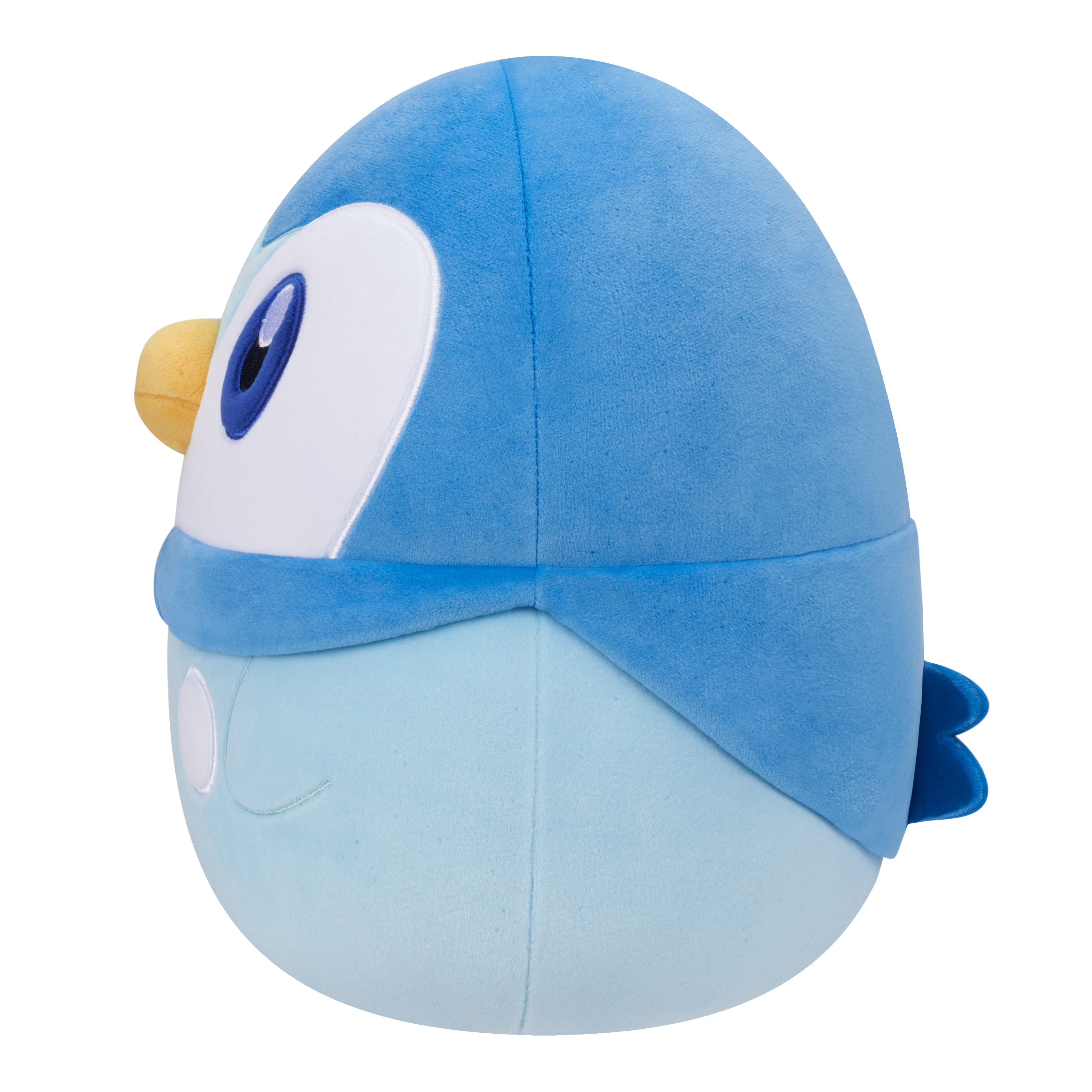 Ein blaues Piplup-Plüschtier, von der Seite gesehen. Es hat eine runde Form mit weißer Brust und gelbem Schnabel.