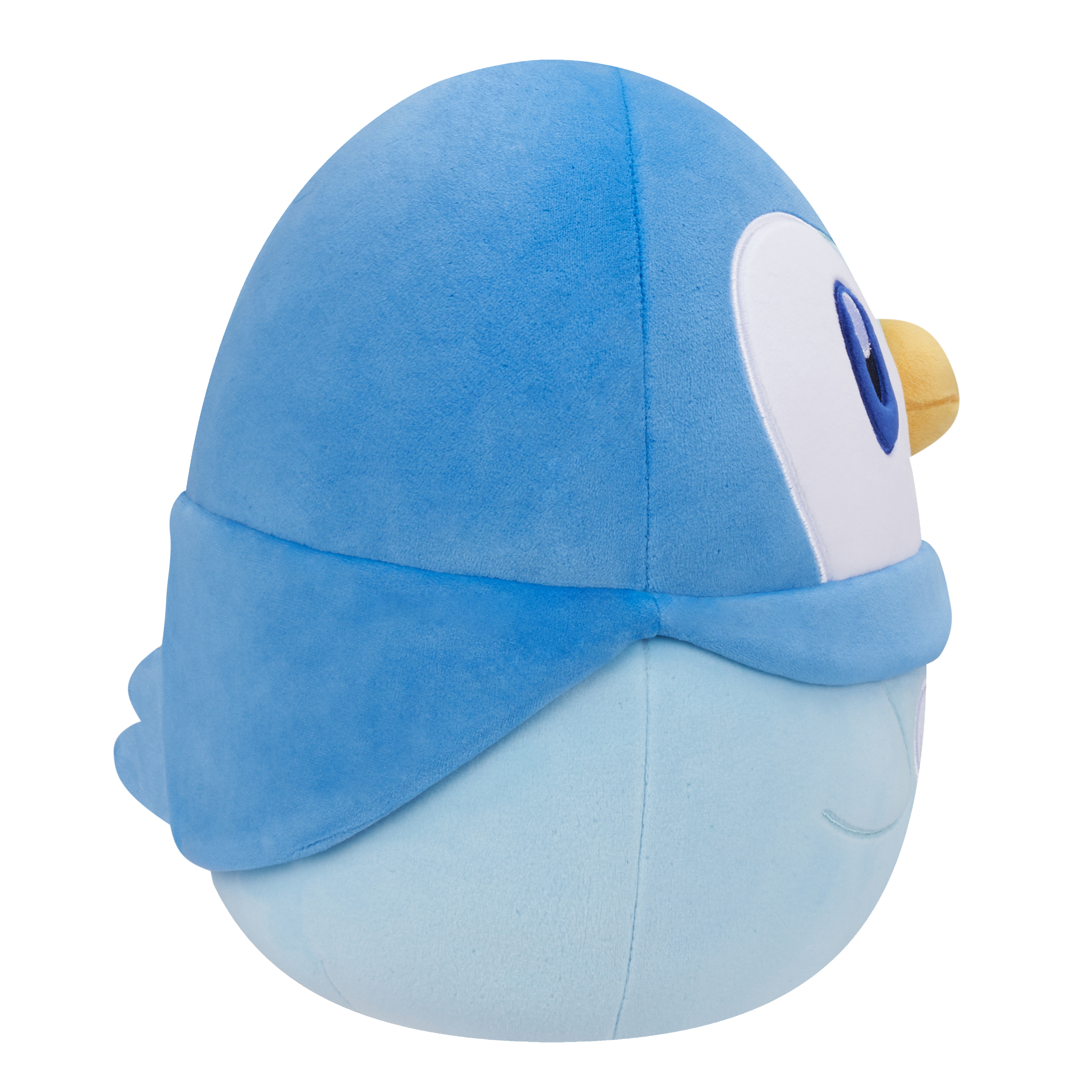 Ein blaues Piplup-Plüschtier. Es hat einen blauen Körper, ein weißes Gesicht und einen gelben Schnabel.