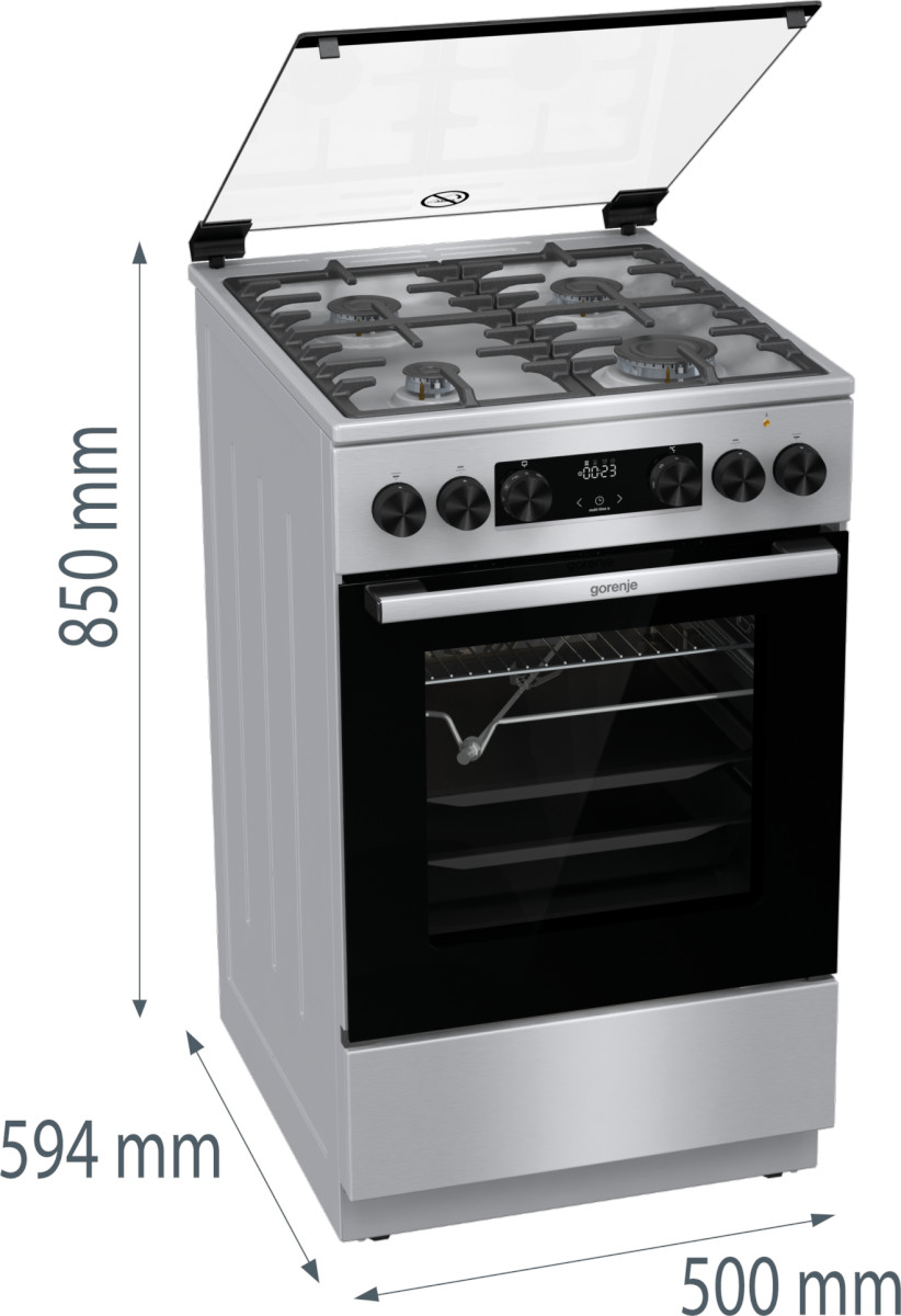 Srebrna i czarna kuchenka Gorenje ze wskazanymi wymiarami.