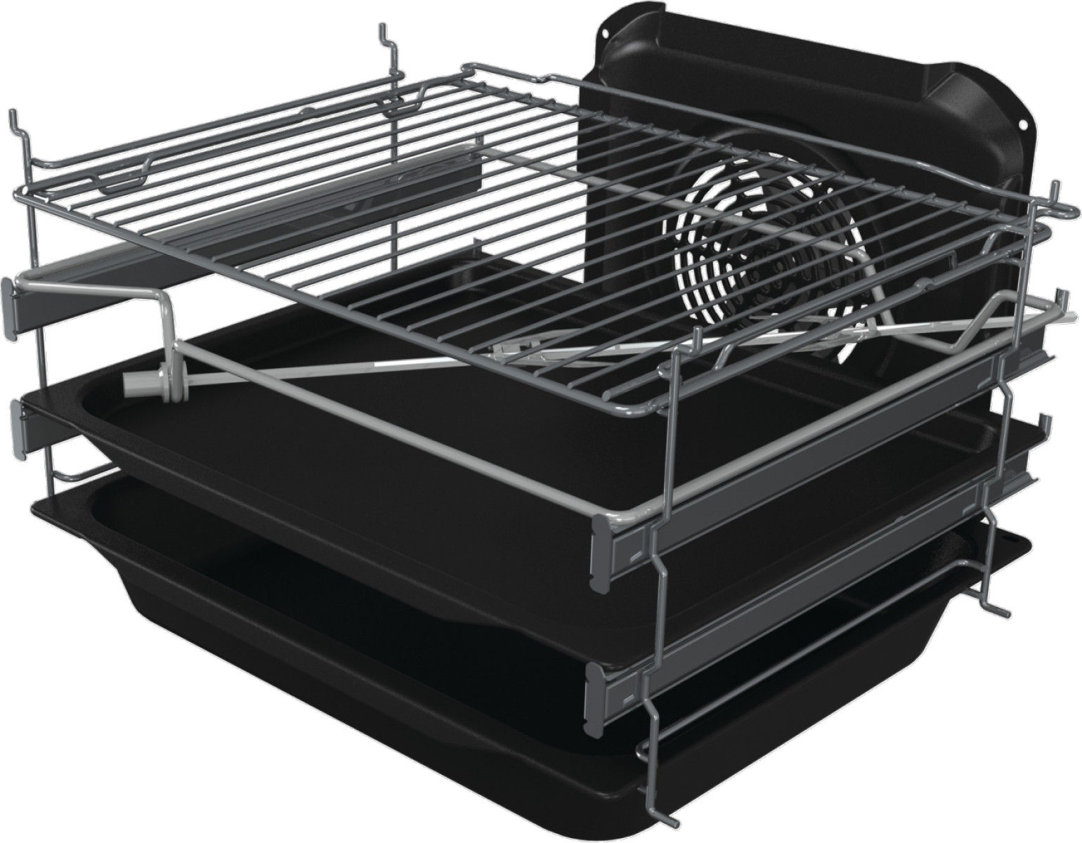 Piekarnik z wieloma rusztami i tacami. Ruszty są srebrne, a tace czarne. Piekarnik jest otwarty.