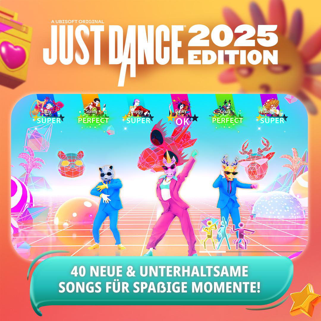 Just Dance 2025 Edition Cover-Art mit Tänzern und verschiedenen UI-Elementen.