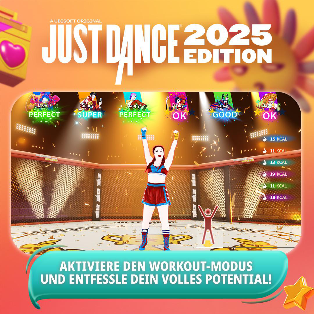 Just Dance 2025 Spielbildschirm mit Tänzer, Punktestandblasen und Ring.
