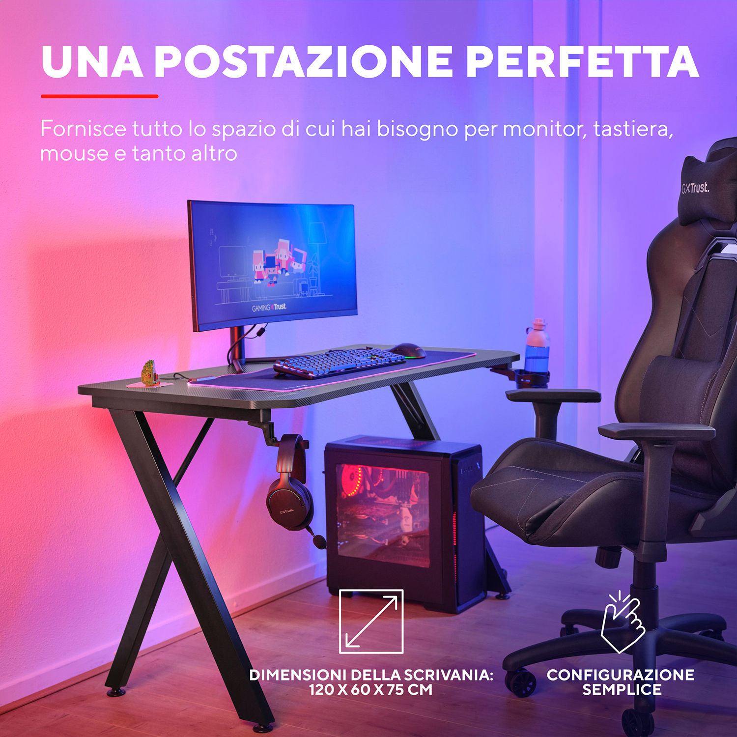 Un setup da gaming con scrivania, monitor, tastiera e sedia.